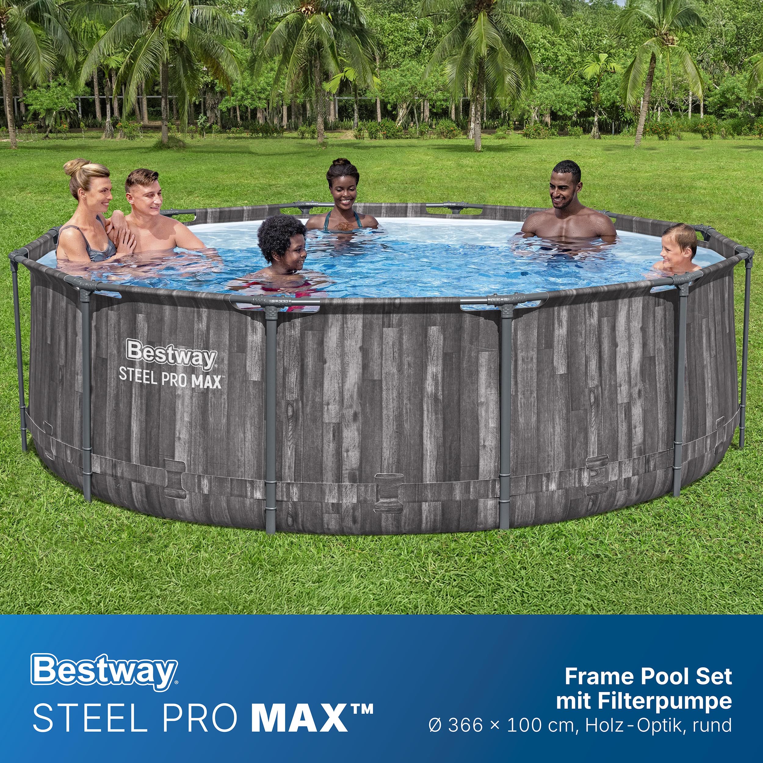 Bestway Aufstellpool rund 366x100 cm Set mit Filterpumpe Holz-Optik 9150 L TriTech-Material