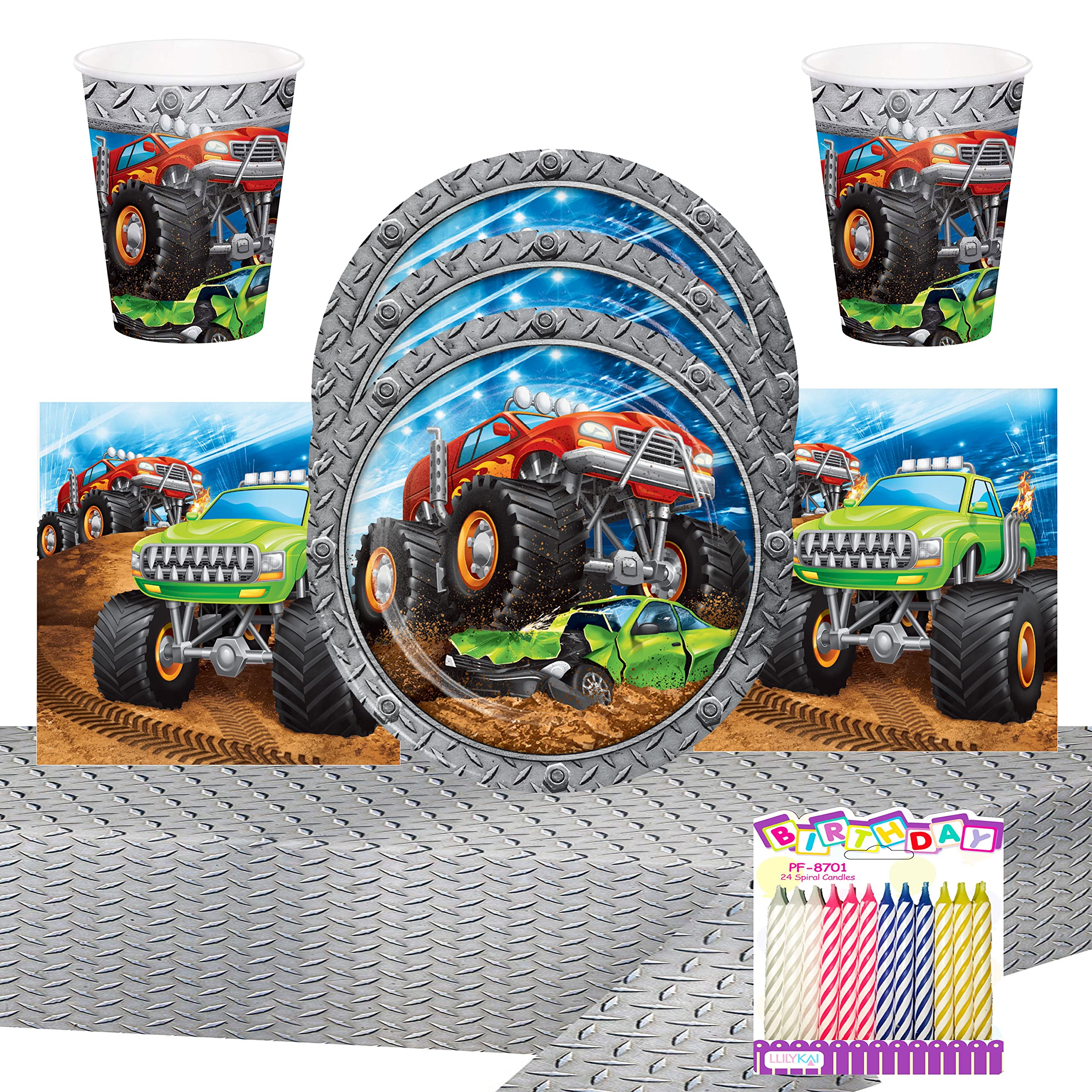 Monster Truck Rally Party Supplies Pack Serves 16: 9inch Plates Luncheon Napkins Cups and Table Cover with Birthday Candles (Bundle for 16) (CC-MNSTRTRCKRLLY9DLX)