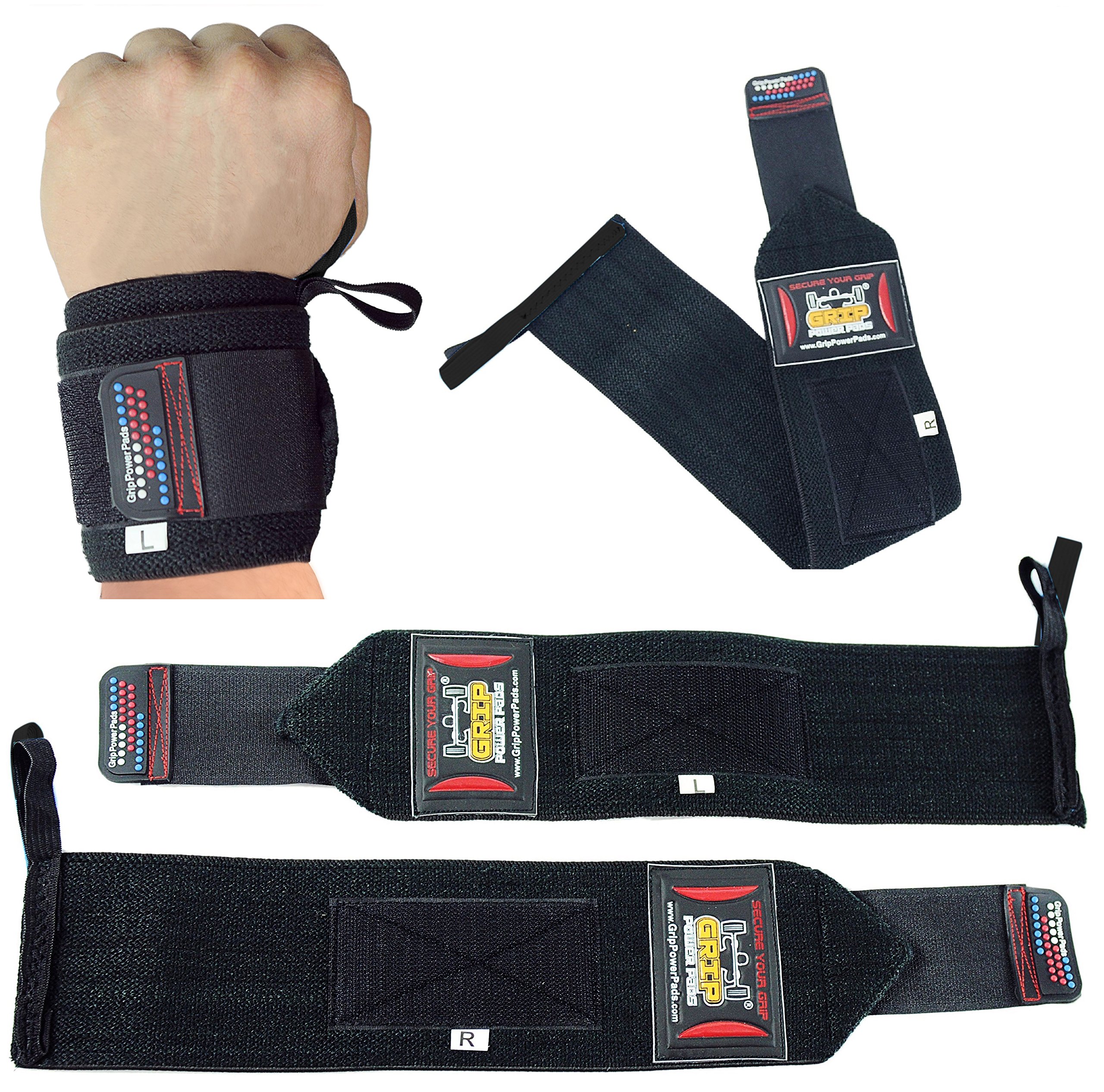 Grip Power Pads Wrist Wraps 2 Wraps for Weight Lifting Wrist Support Cotton Wraps Gym Bandage Straps for Men & Women Premium Quality & PRO Rubber