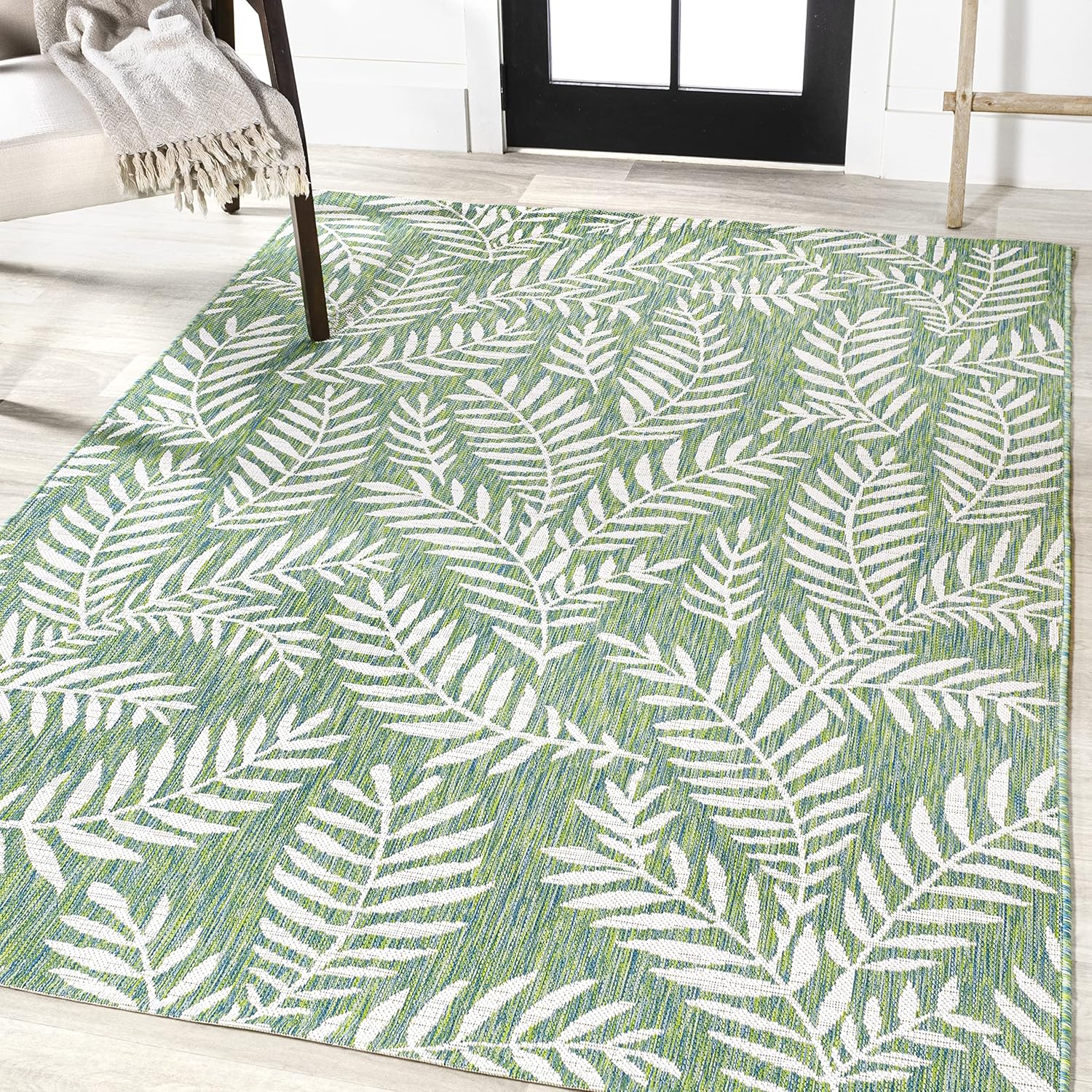 Eyely BMS119D-4 Santa Monica Nevis Palm Frond Indoor/Outdoor Area Rug Coastal;Casual;Country;Floral, Bedroom, Kitchen, Backyard, Patio, Easy-Cleaning, Non-Shedding, 4 X 6, Green/Cream