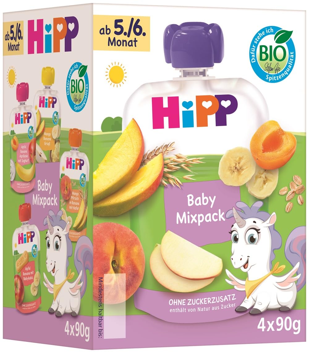 HiPP Bio Quetschie Mixpack,16 Stück (4er Pack mit je 4 x 90g), für Babys ab 5./6. Monat, vier leckere Geschmacksrichtungen, ohne Zuckerzusatz, in bester Bio-Qualität