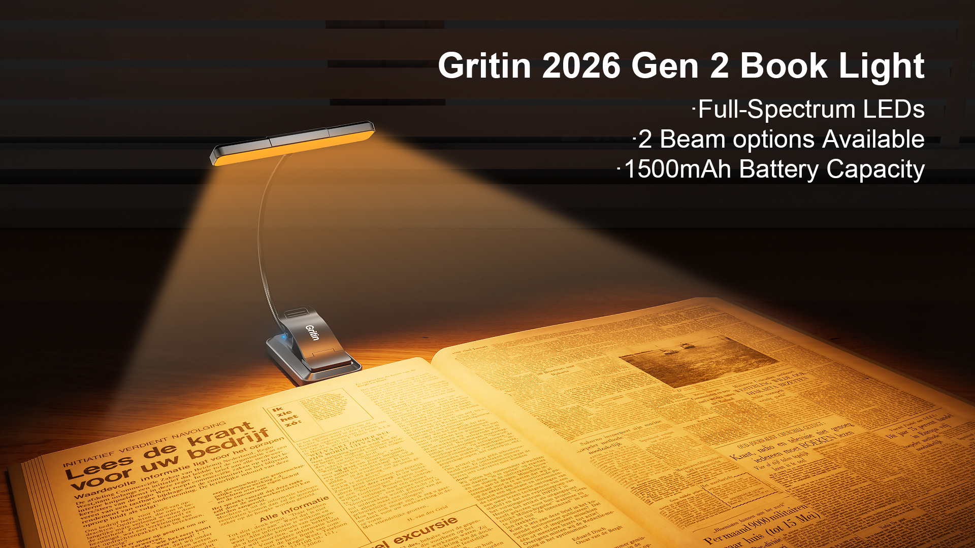 Gritin 2026 Gen 2 Book Light – 30 Full-Spectrum LEDs, 5 Colors & 5 Brightness, Wide/Narrow Beam, 1500mAh Battery, USB-C