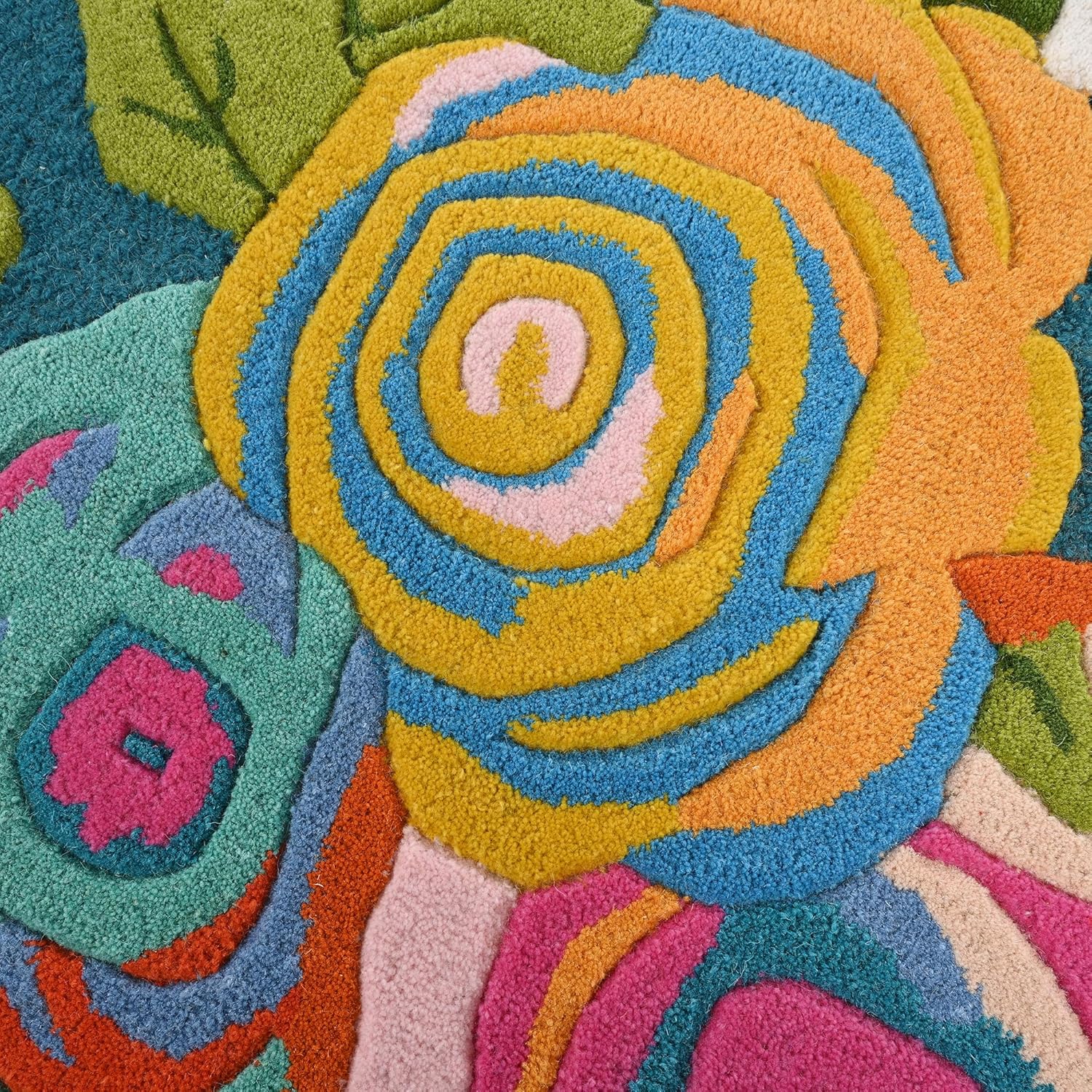 Handmade Colorful Roses Floral Wool Area Rug | Irregular Shape, Blossom & Vibrant Multi-Colored Garden Flower Pattern | Thick & Soft Carpet for Living, Bedroom & Kitchen Deco (Teal, 4' x 6')