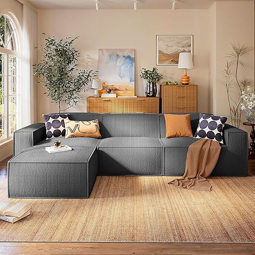 Marsail Modular Sectional Sofa, 111" L-Shaped Modular Sectional Couch with Deep Seat, Freely Combinable Sectional Clound Sofa for Living Room, No Assembly, Pet Friendly Plush Corduroy Fabric, Grey