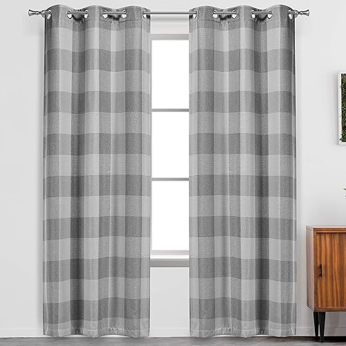 Aaron Checkered Set Buffalo Plaid Blackout Bedroom-Insulated and Energy Efficient Rod Pocket Window Curtains for Living Room, 37 in x 84 in (W x L), Grey
