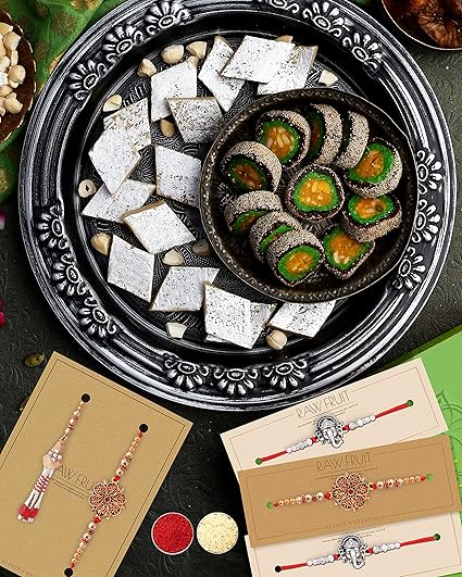 Rakhi for brother and bhabhi with sweets Anjeer Chakkar Kaju Katli 500 Grams by The House Of Treats? Rakhi for Brother Combo of 5 Rakhi gift for brother with sweets Rakhi Combo Pack