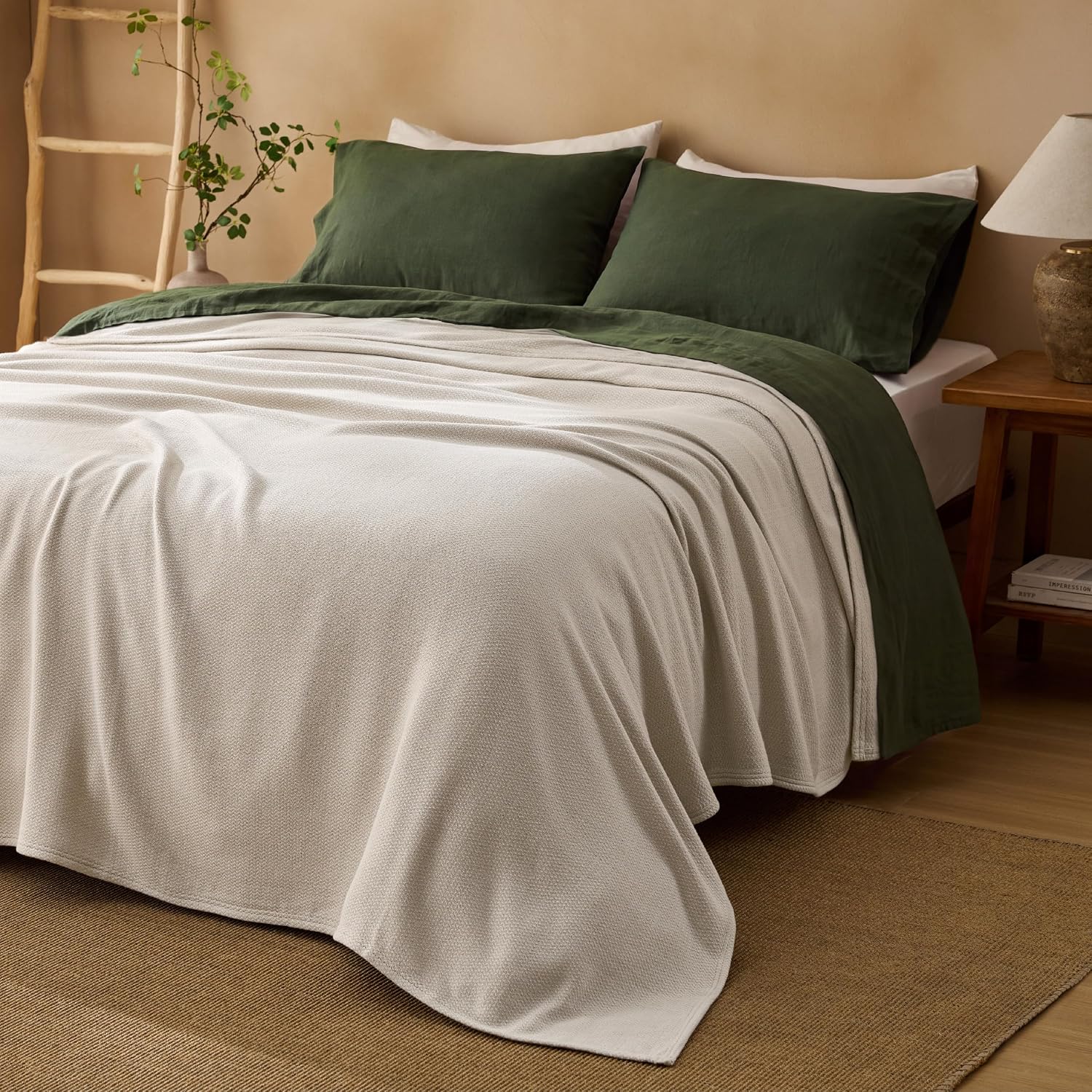  GentleSoft 100% Cotton Blanket King Size for Bed - Cooling Breathable and Lightweight, Soft Cozy Textured Herringbone Woven Blanket for Summer, Linen Beige, 108x90 inches thumbnail