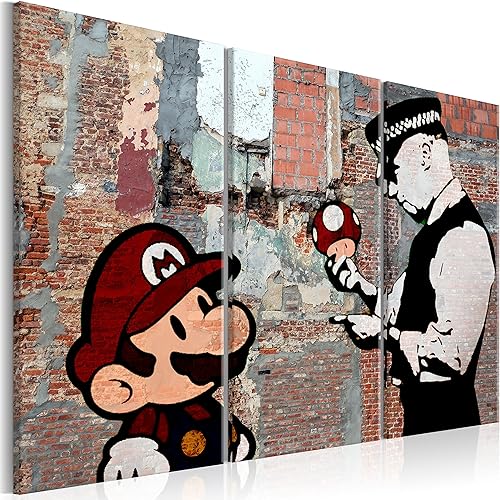 artgeist Lienzo texturizado para pared, diseño de Banksy Super Mario Mushroom Cop de 47 x 31 pulgadas, 3 piezas de lienzo, impresiones artísticas