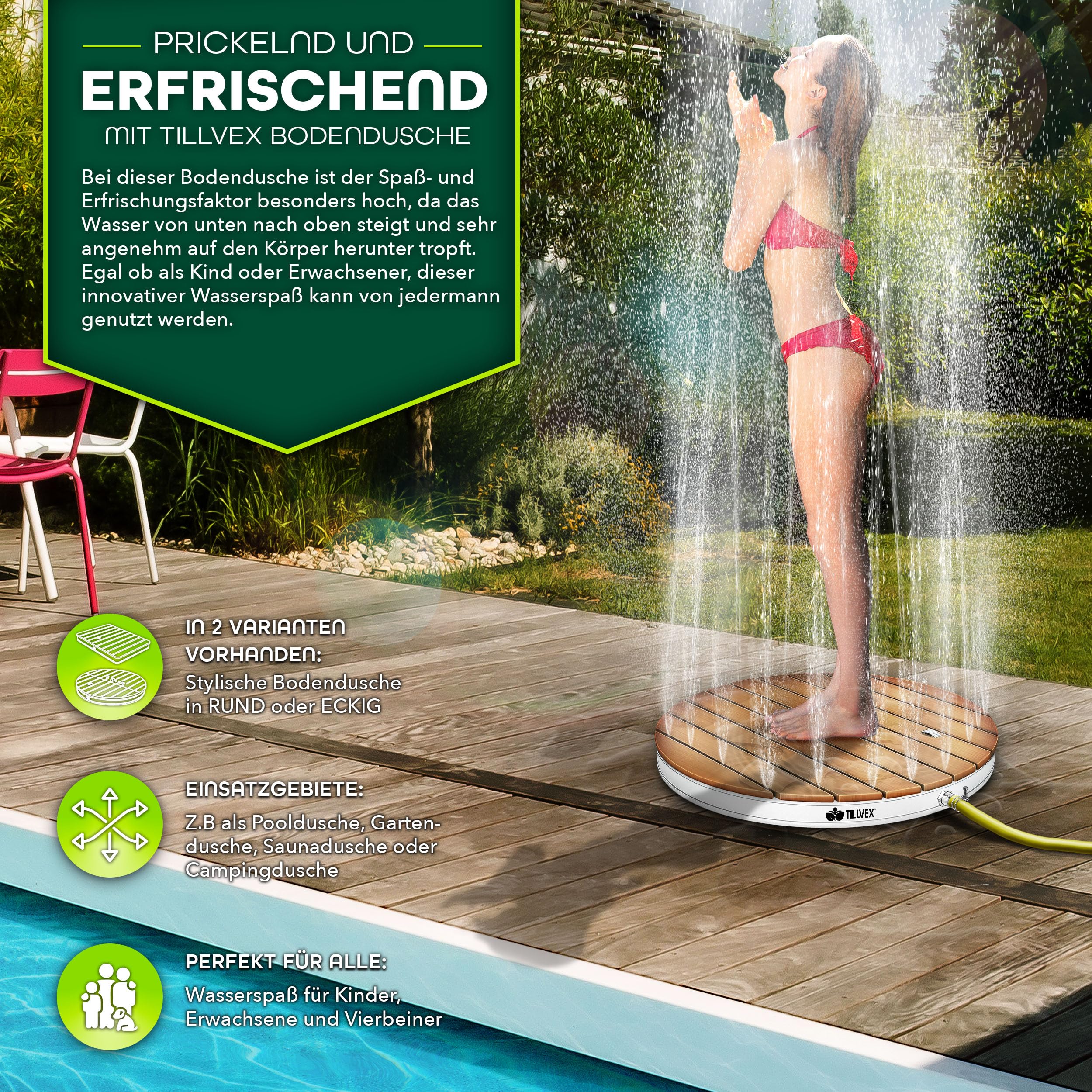 tillvex® Gartendusche Outdoor bis 4 m Fontänenhöhe | Bodendusche rund mit Fußrad | Außendusche rutschfest | Saunadusche wetterfest | Campingdusche aus Aluminium/WPC/Holzoptik