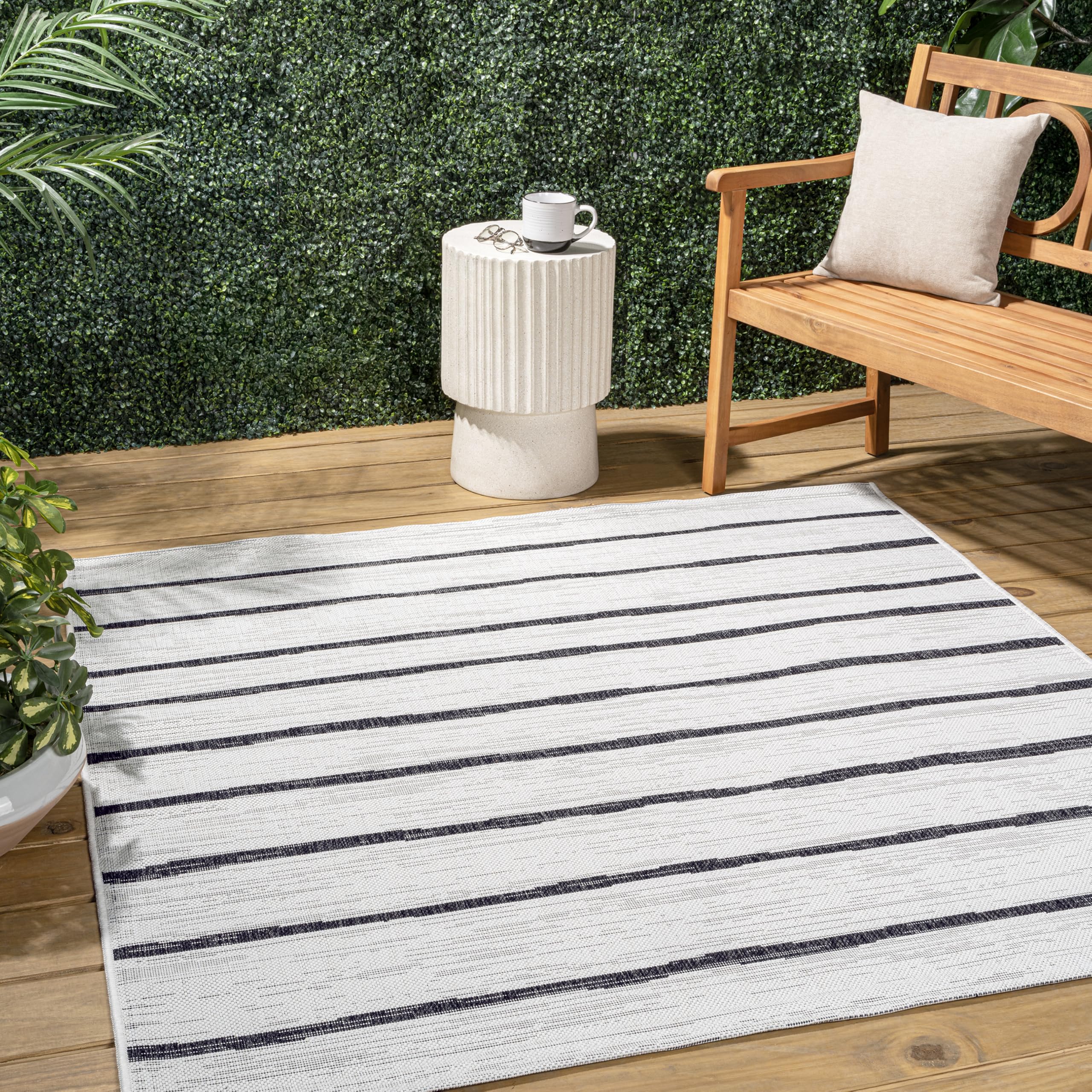 JONATHAN Y Berber Stripe Indoor Outdoor Square Area Rug 9X9 Ivory/Black, Colonia for Backyard, Patio, Porch, Easy-Cleaning, High Traffic, Pet-Friendly