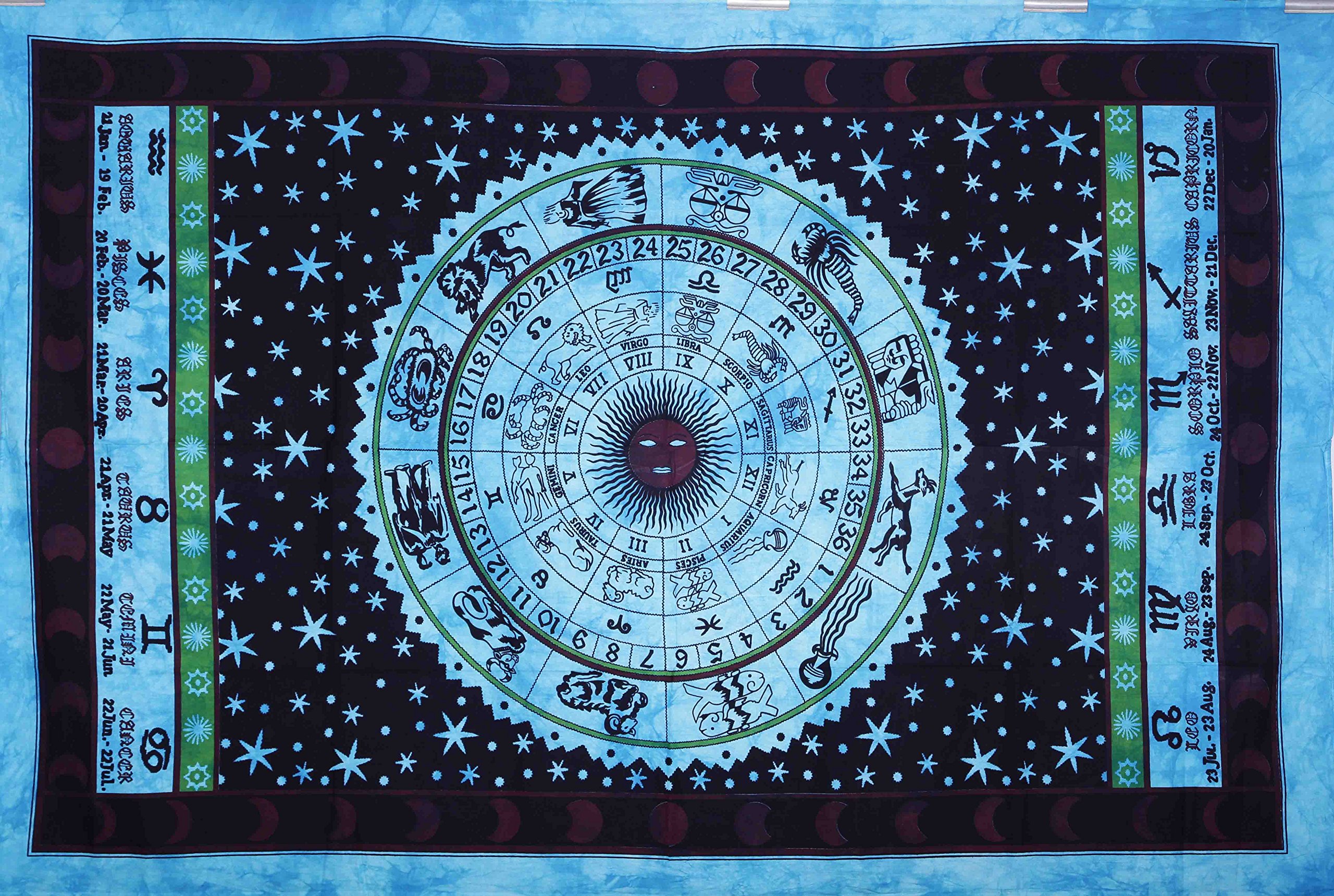 Turquoise Zodiac Horoscope Tapestry, Indian Astrology Hippie Wall Hanging, Divine Ethnic Decorative Gift Art, Sun Moon Celtic Zodiac Tapestry