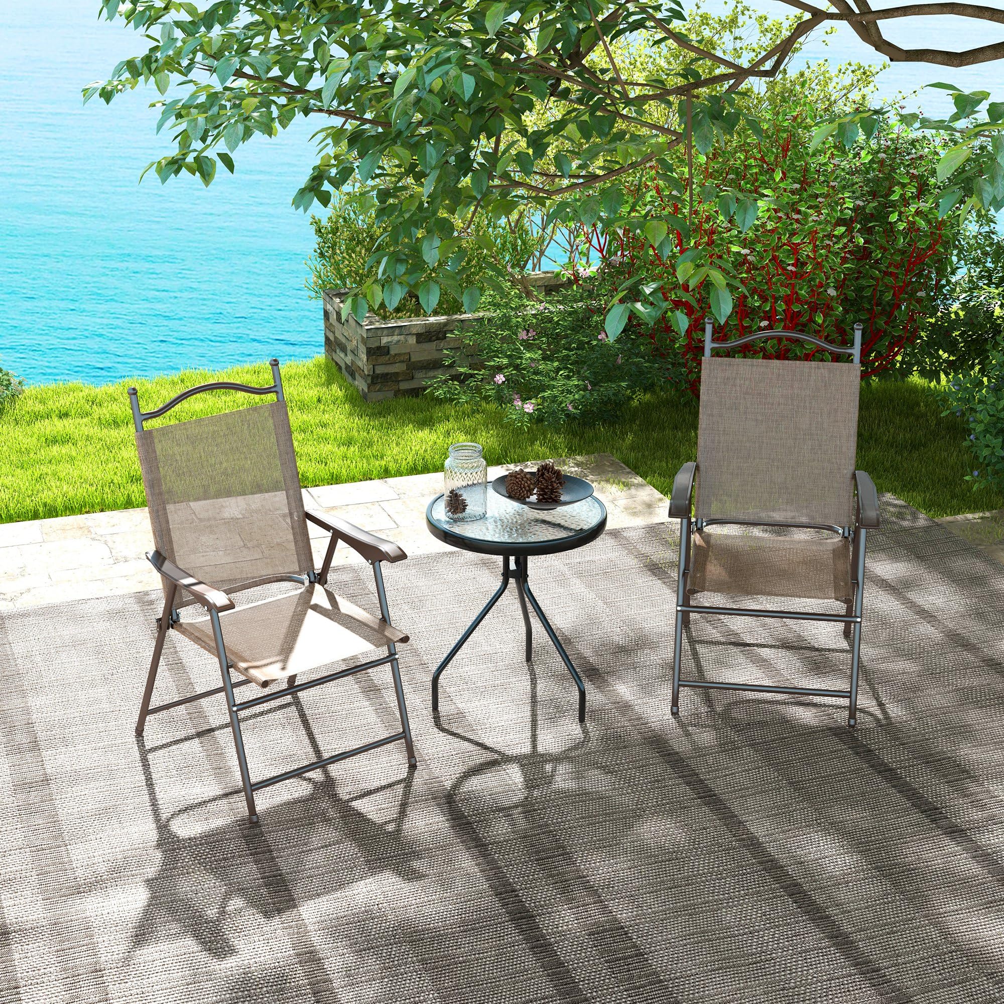 Outsunny Set di 2 Sedie da Giardino Pieghevoli, Sedie da Esterno con Braccioli e Seduta in Tessuto Traspirante, Marrone