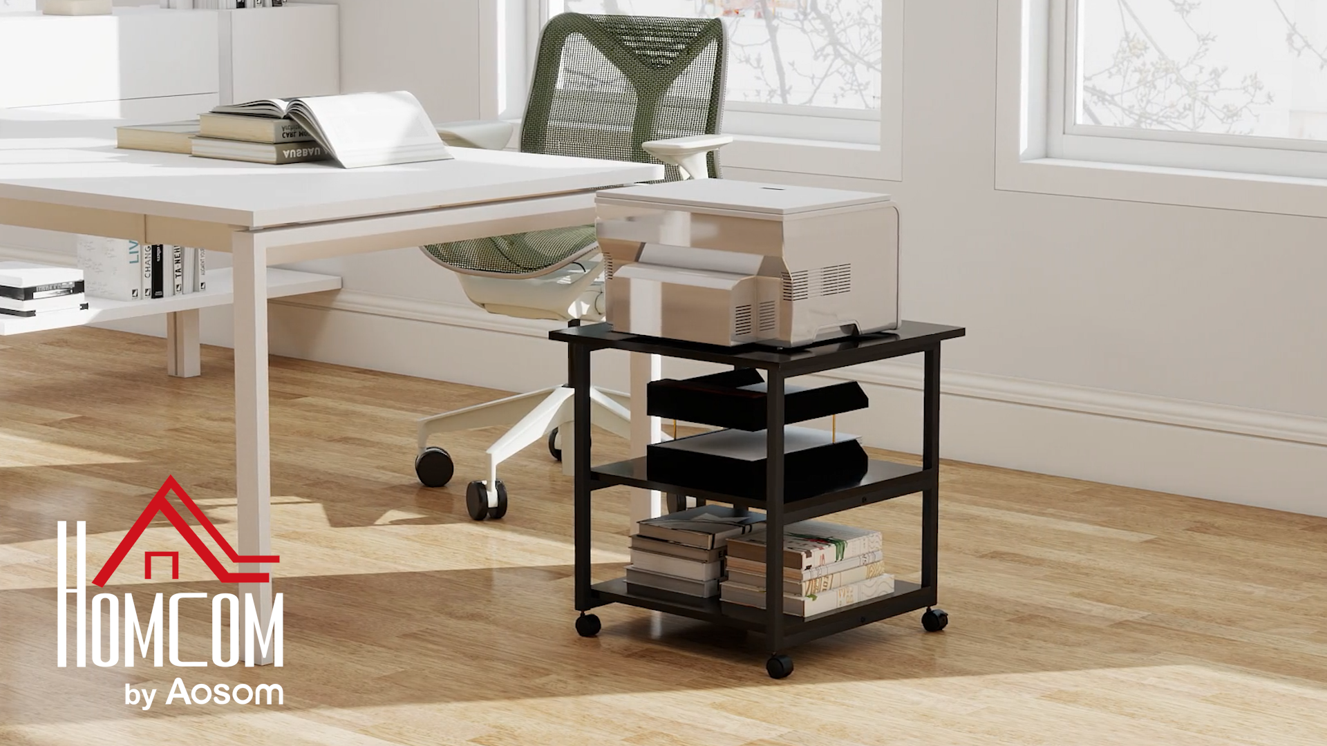 Carrello Porta Stampante A 3 Ripiani HOMCOM – Con Ruote Con Freno, Salvaspazio, Acciaio E Legno, Per Casa E Ufficio (Nero, 50x50x52.5cm)