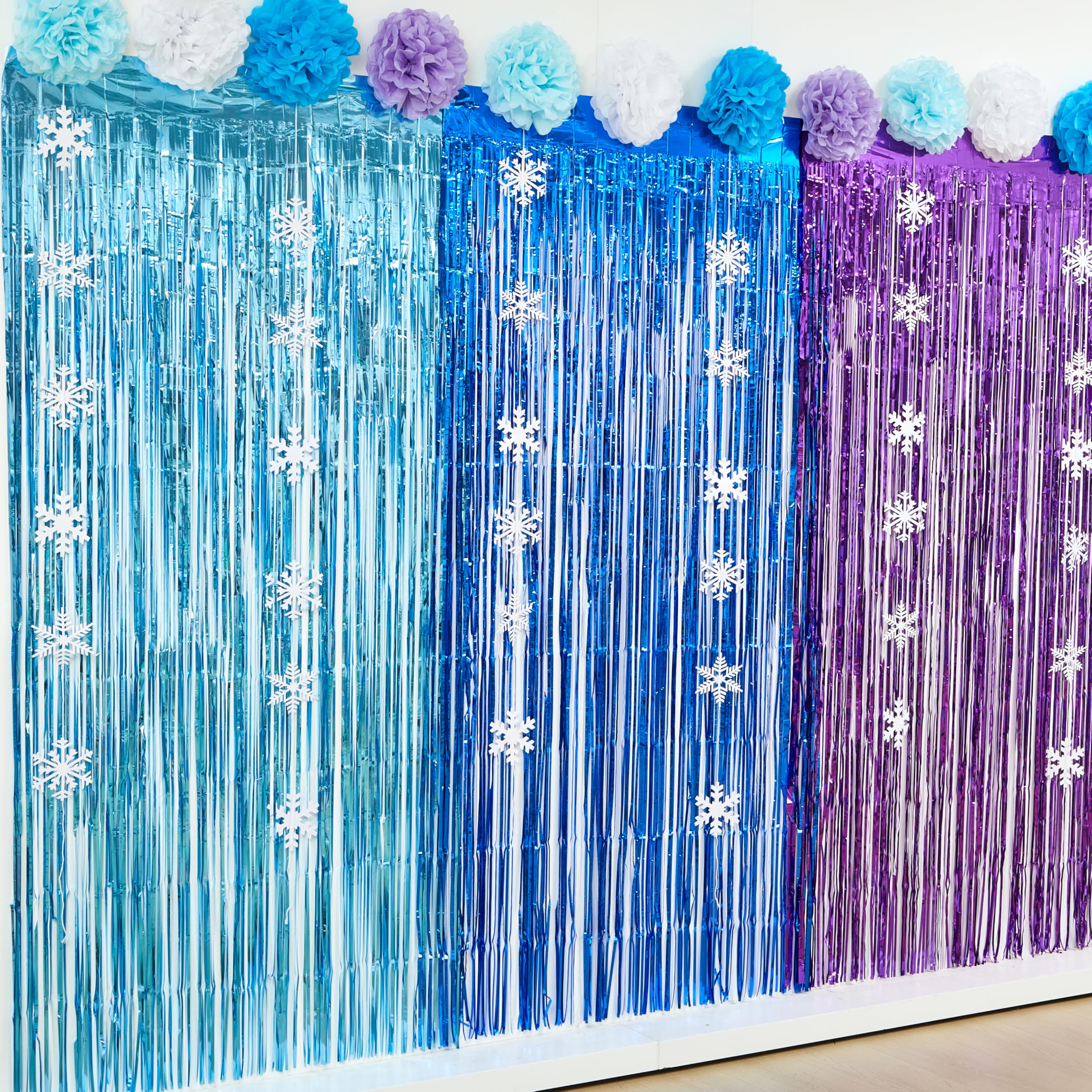 Fullhawl 21 Pcs Blue and Purple Curtain Winter Tinsel Streamers Snowflake Wonderland Party Decorations 3 Foil Fringe Backdrop 6 Snowflake Streamers 12 Tissue Paper Pom Pom Decor for Birthday Supplies