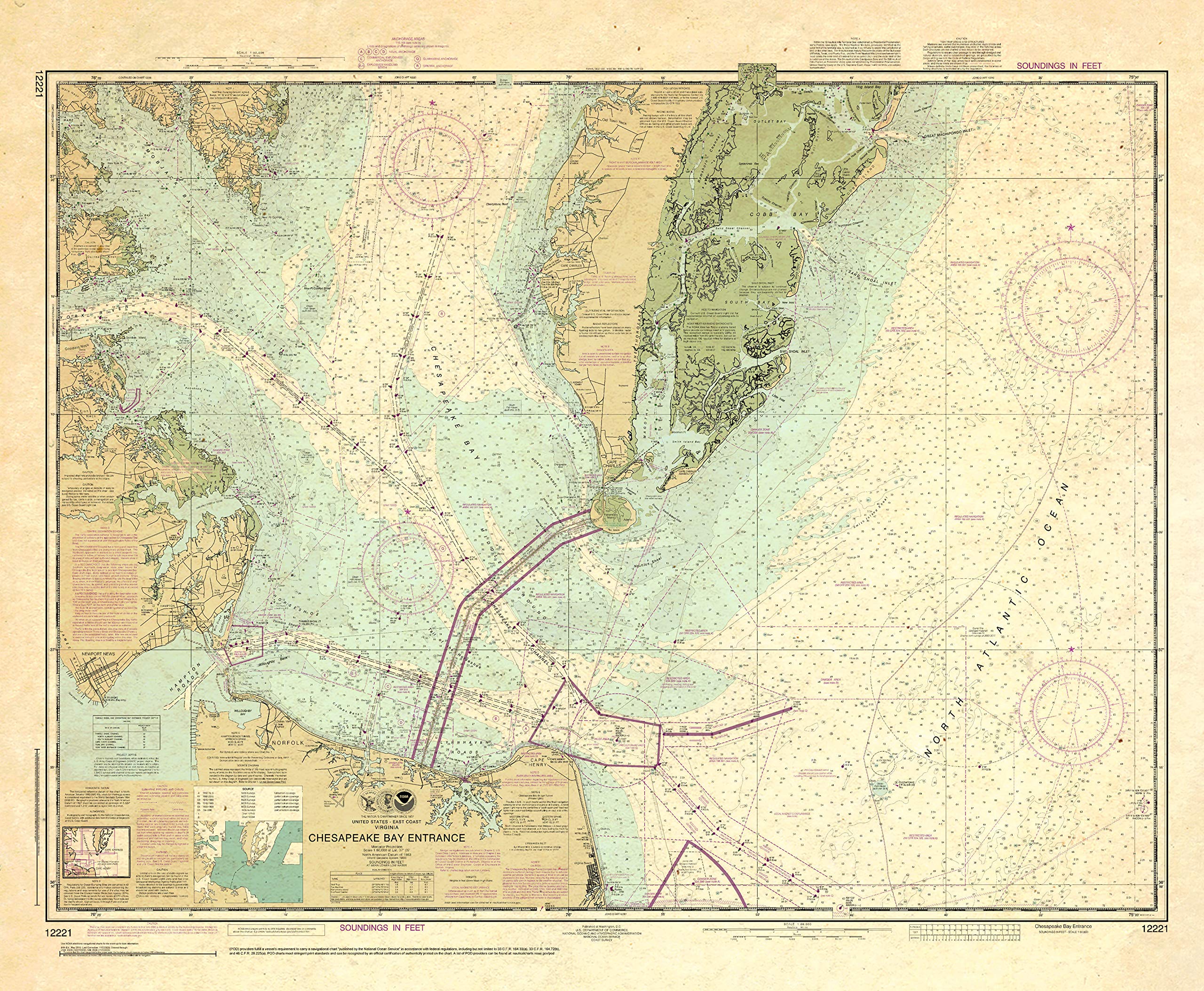 Paradise Cay Publications, Inc. Antiqued NOAA Chart 12221: Chesapeake Bay Entrance