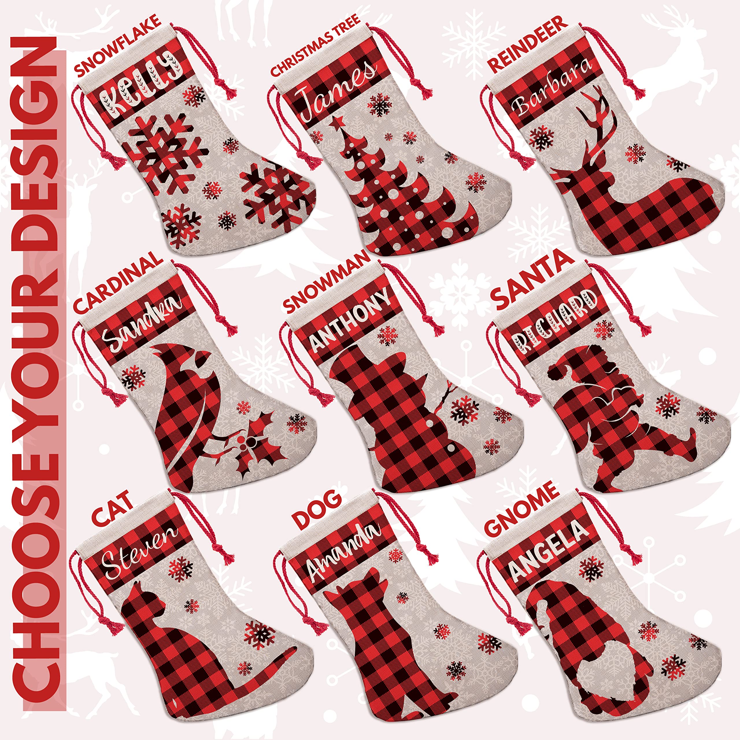 Custom Christmas Name Stockings w/ 9 Patterns | 5 Fonts - 16 inches Personalized Name, Santa, Gnome, Snowman, Reindeer, Fireplace Decoration Holiday Stocking Decoration, Gift for Family - Single