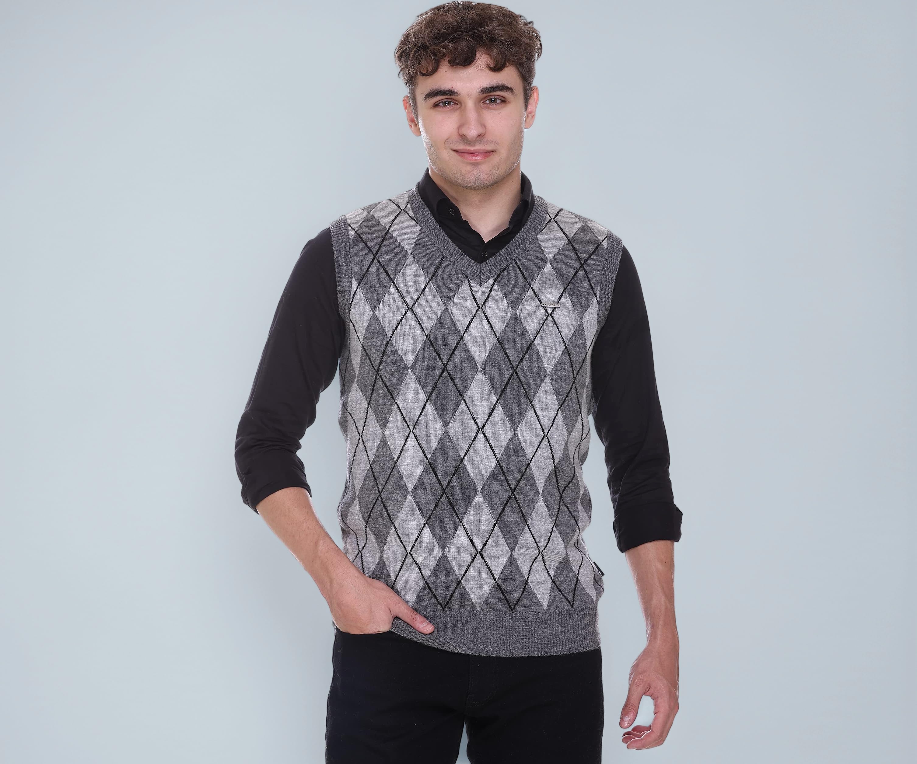 Woolen V Neck Sleeveless Half Sweater for Man Winter Pullover
