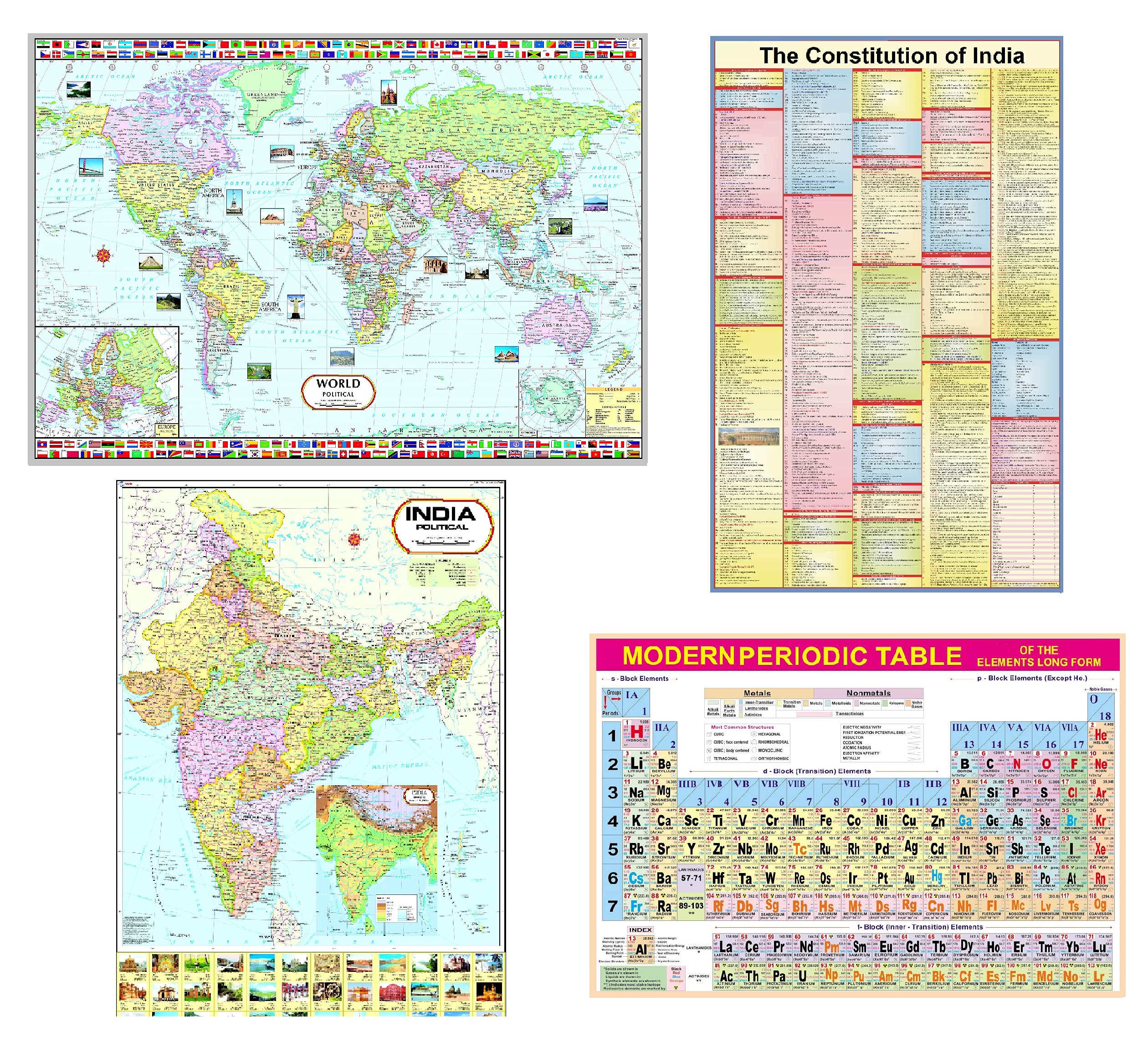 WORLD MAP + INDIA MAP + INDIA CONSTITUTION CHART & PERIODIC TABLE. Full Size (100x70 cm)