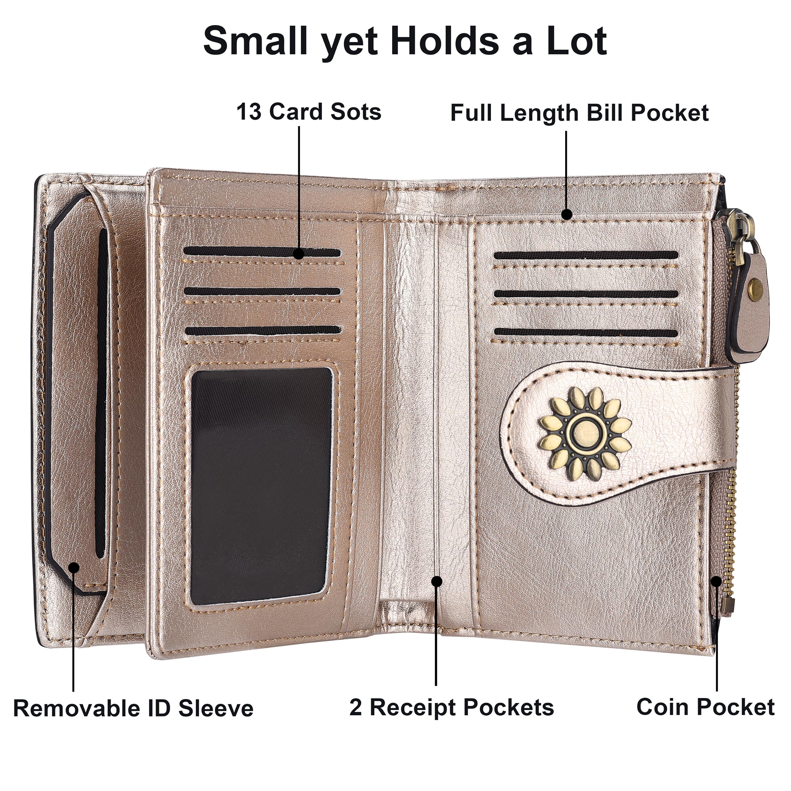 Lavemi Cartera de piel para mujer con bloqueo RFID, pequeño y compacto para tarjetas de crédito, para mujer, con bolsillo con cremallera para ventana de identificación