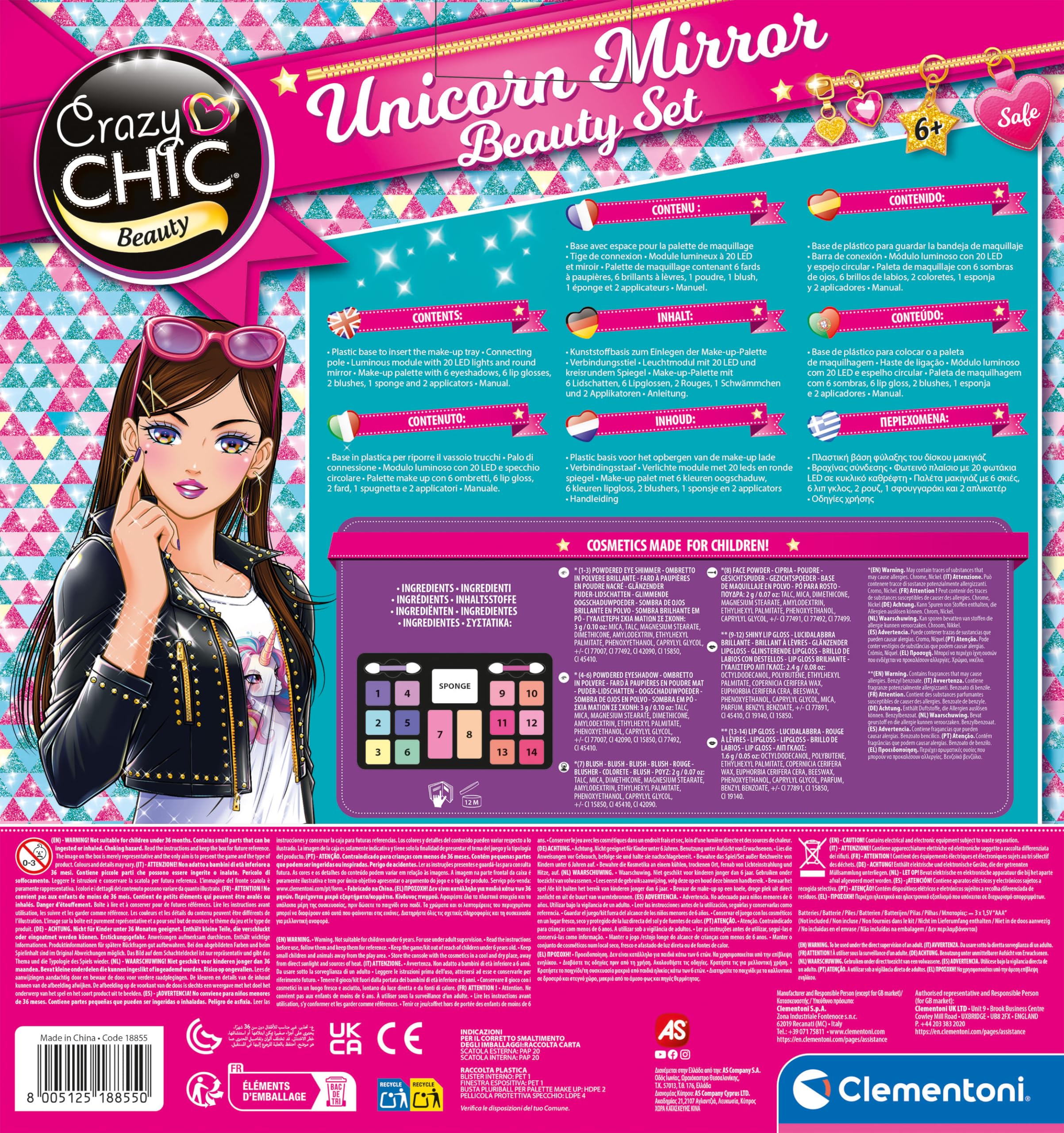 Clementoni Crazy Chic - Make-up Unicorn Mirror, Trousse Trucco Lavabile per Bambine 6+ Anni, Set Completo con Cosmetici e LED Ring Light, Gioco Creativo e Idea Regalo, 18855
