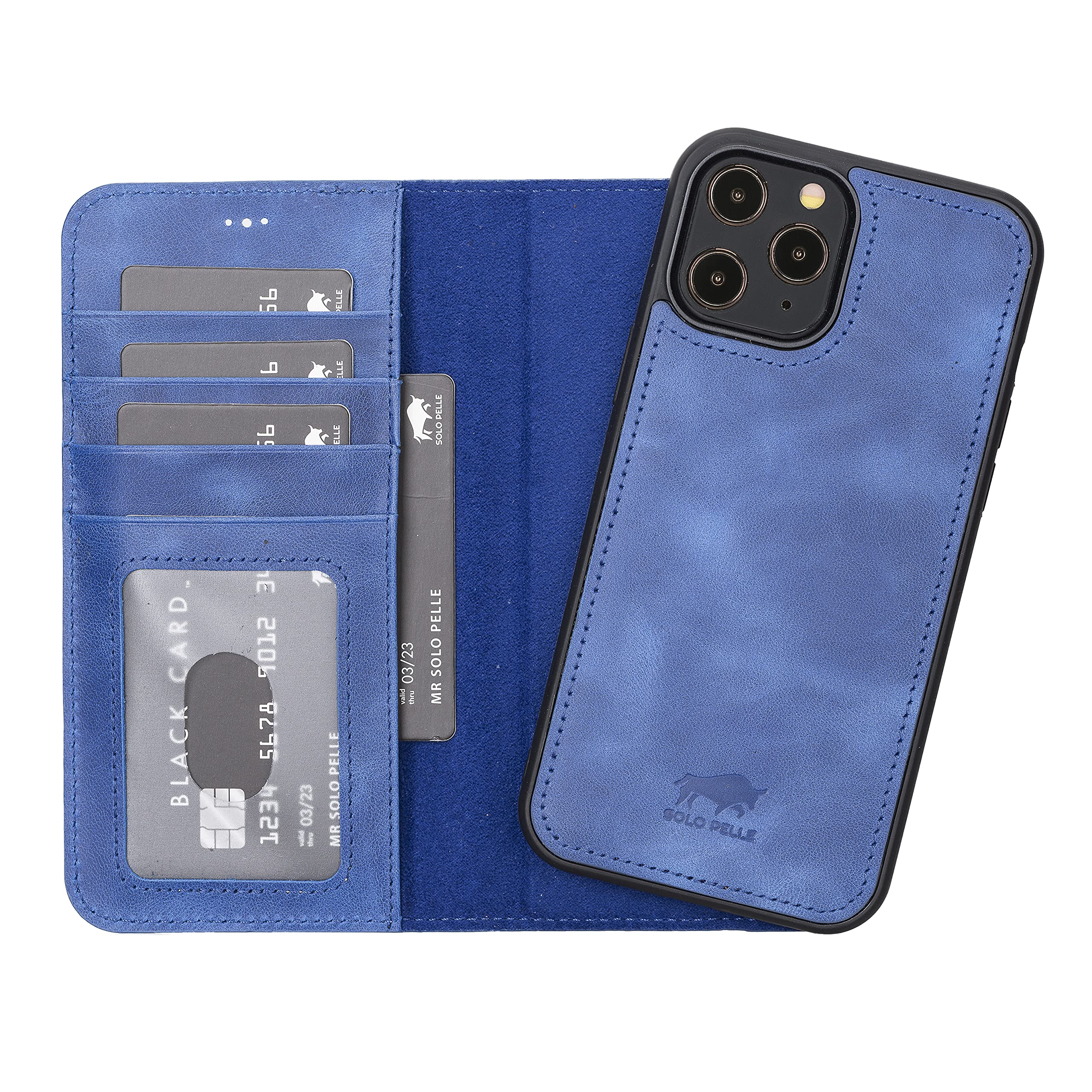 Solo Pelle Lederhülle kompatibel für iPhone 12 Pro Max in 6.7 Zoll abnehmbare Hülle (2in1) inkl. Kartenfächer für das original Apple iPhone 12 Pro Max (Vintage Blau)