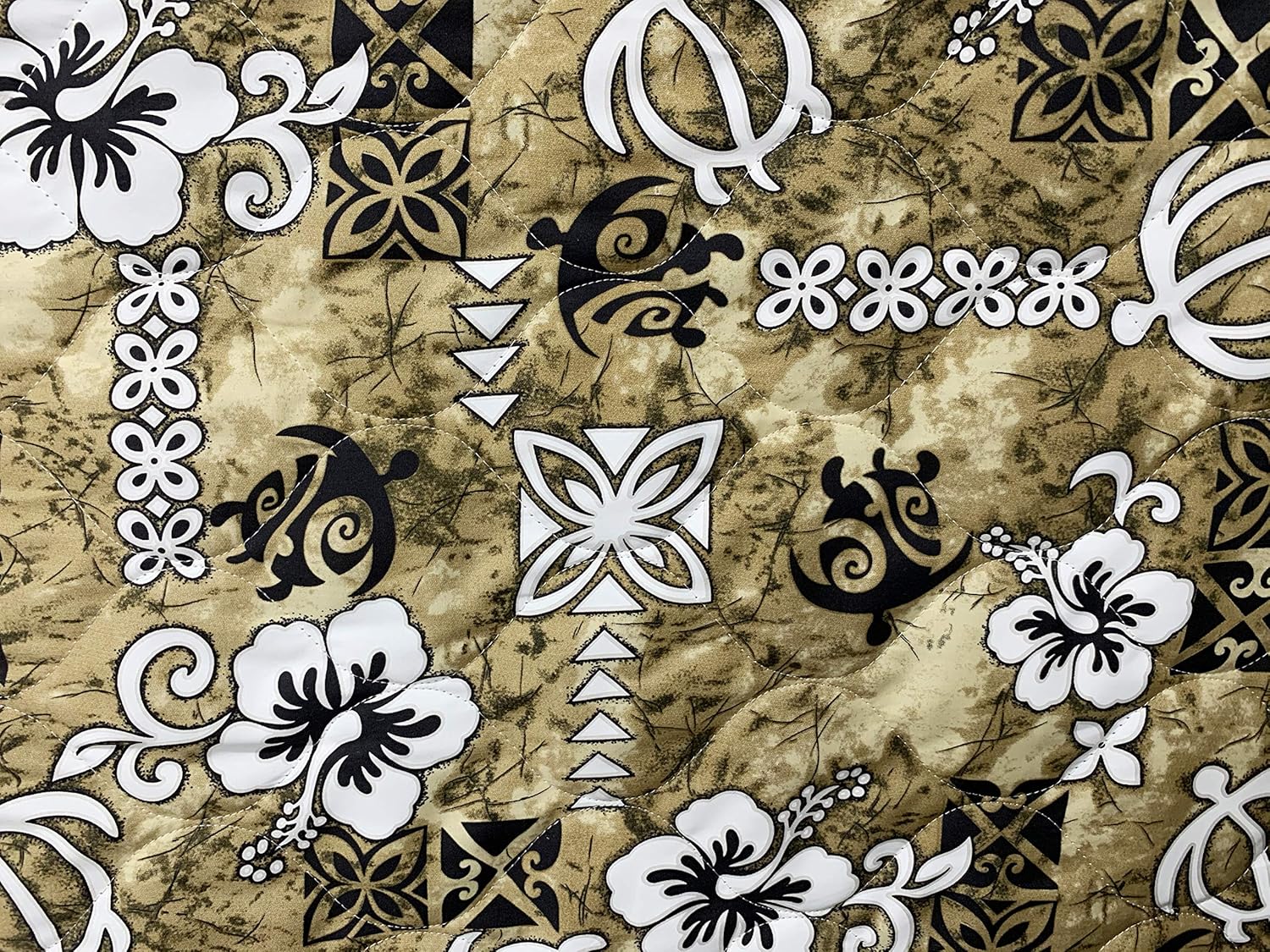 Quilted Fabric - 100% Cotton - 52 inch Wide - Sold by Yard - Turtle - Hibiscus - Floral - Leaves - Hawaiian - Ferns (Turtle Beige)