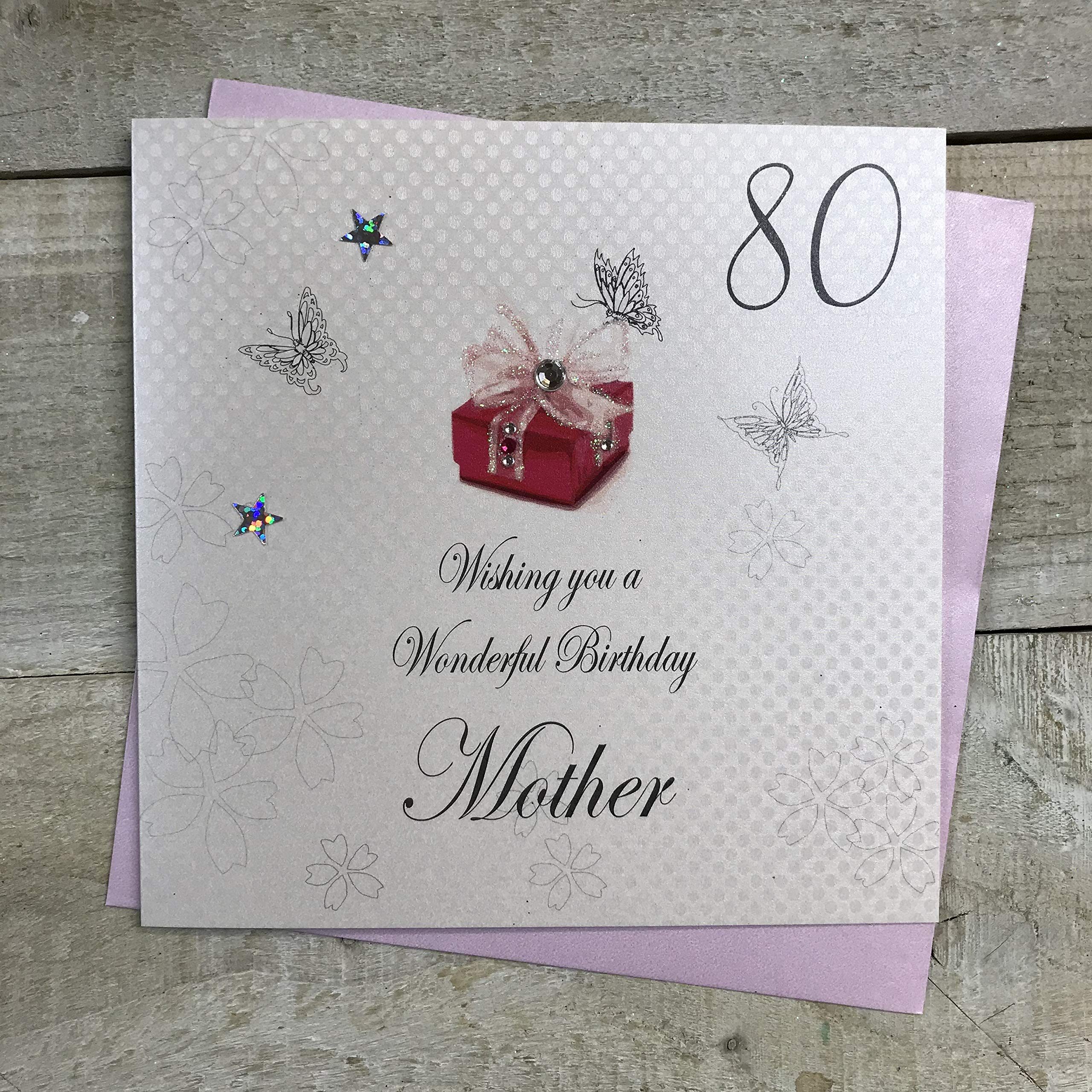 WHITE COTTON CARDS "80 Wishing you a Wonderful Birthday Mother Handmade 80th Birthday Card, White, bdp80-M