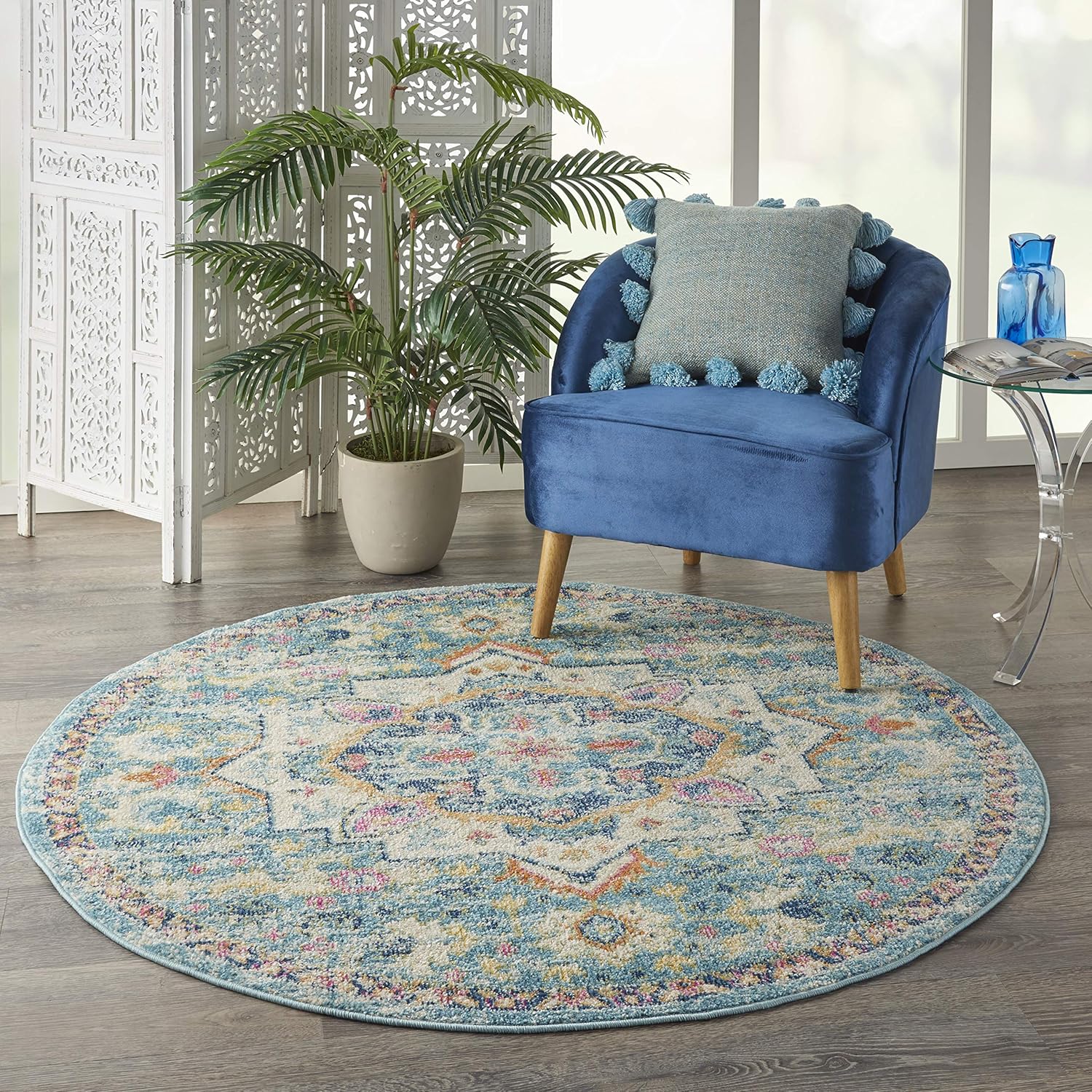 Nourison Home Passion Ivory Light Blue 4' x Round Area Rug - Easy Clean, Non Shedding, Bed Room, Living Room, Dining Room, Kitchen (4' x Round)