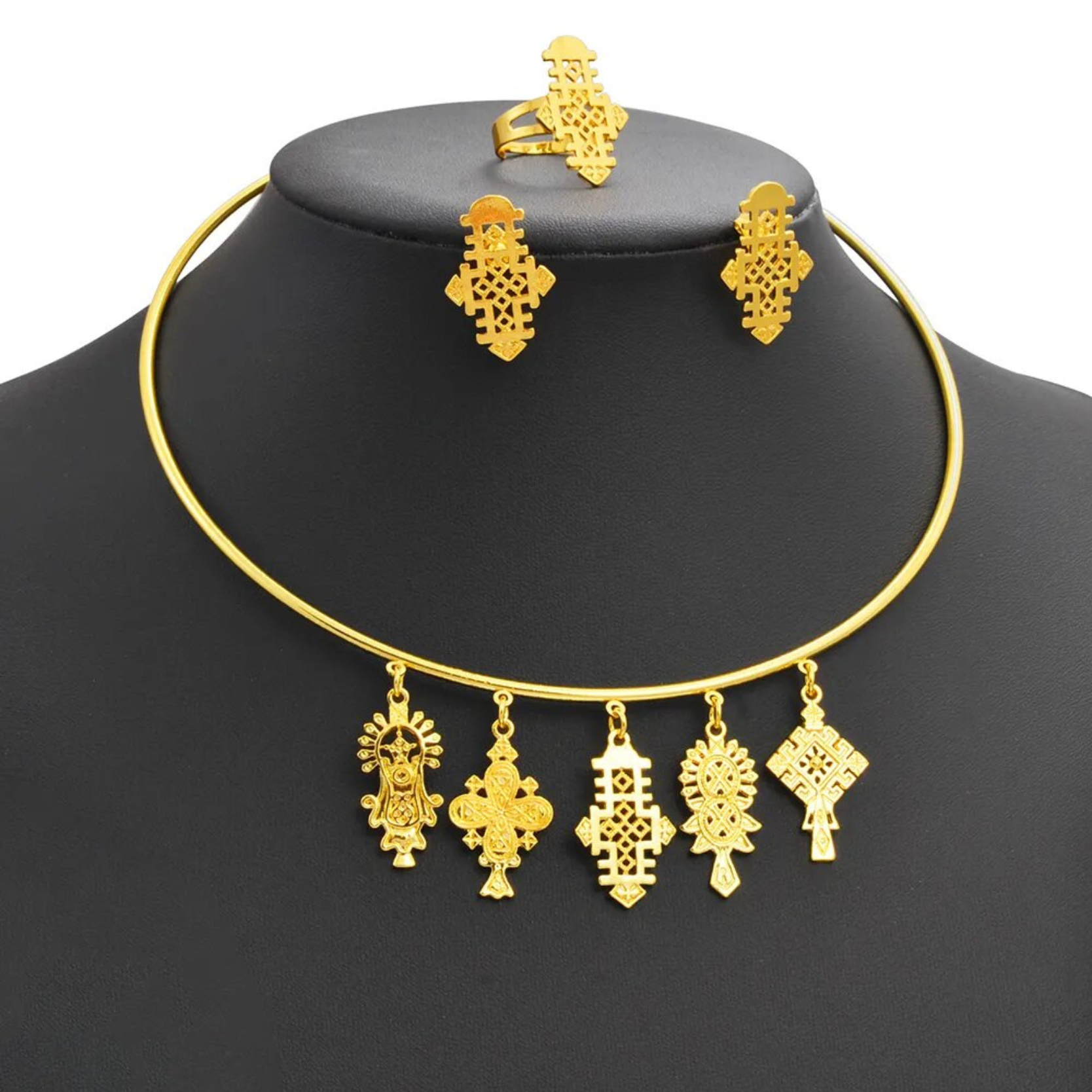 Ethiopian Cross Jewelry Set – Gold-Tone Necklace, Earrings & Ring For Women, African Heritage Style