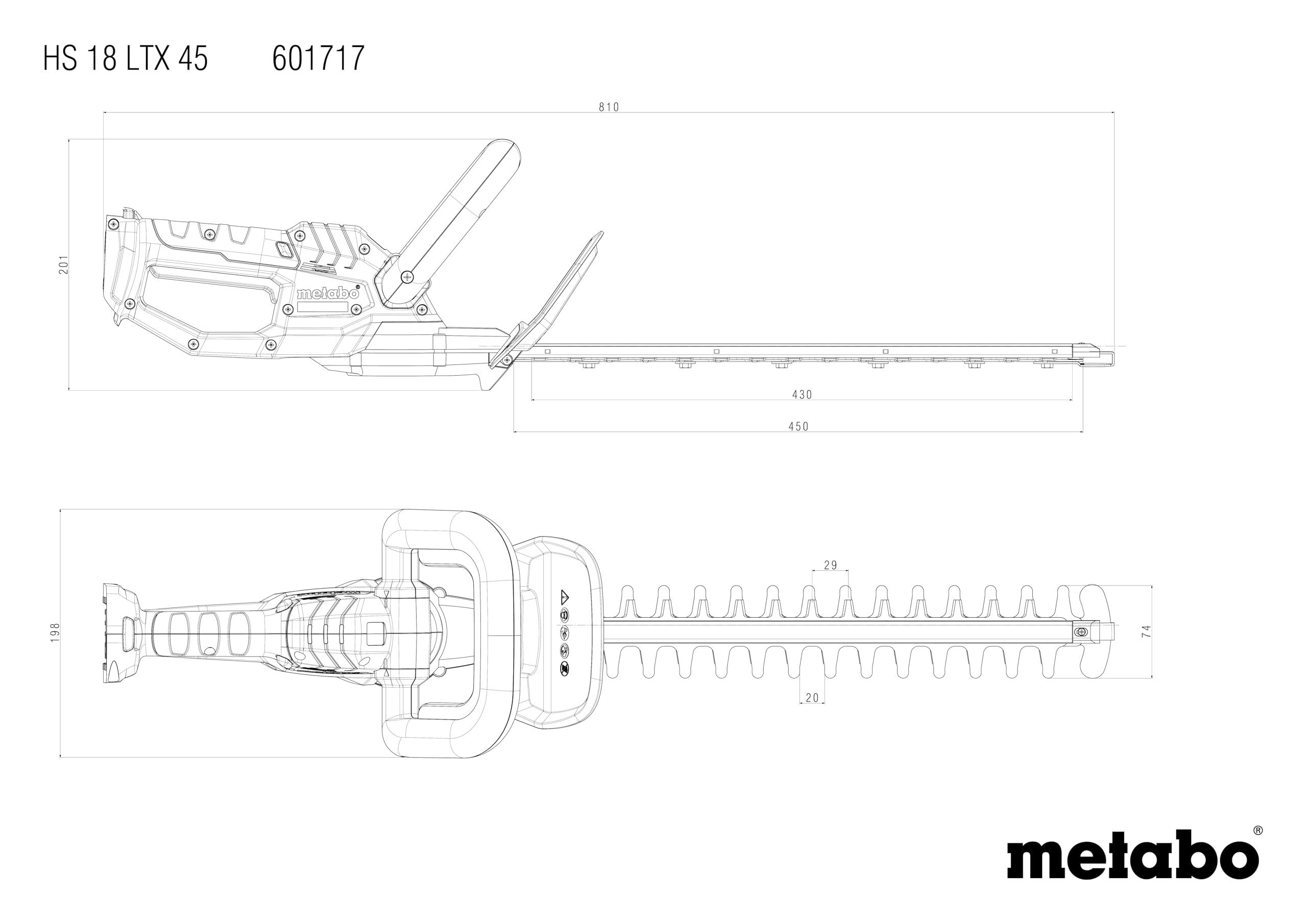 metabo Akku-Heckenschere HS 18 LTX 45, 18V Strauchschere Fuer den Garten | Leichte elektrische Garten-Heckenschere mit 45 cm Schnittlaenge, ohne Akku und Ladegeraet, kompatibel mit CAS System