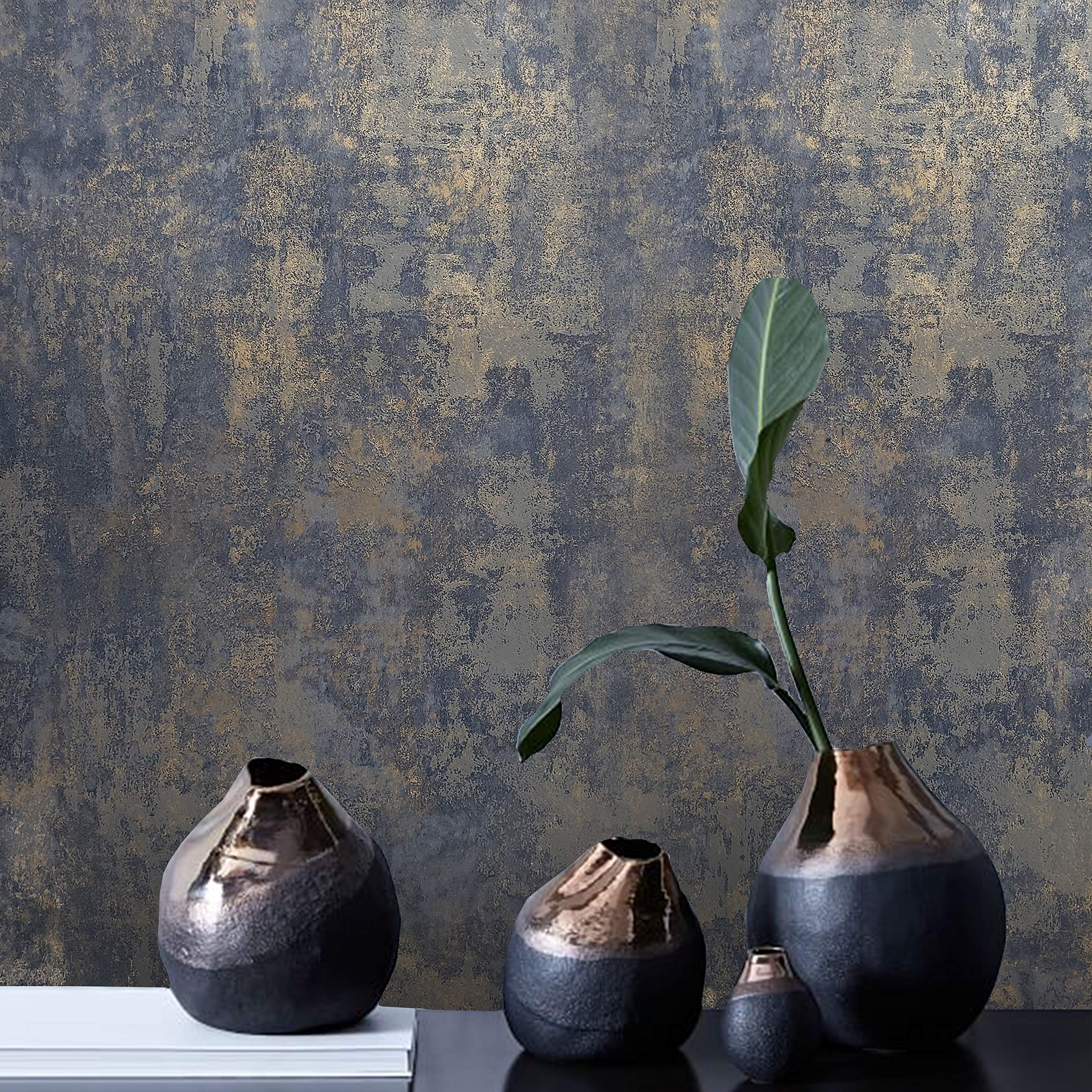 Modern Unique Industrial Look Wallpaper Rustic Navy Blue Gray Gold Plain Textured Contemporary Faux Rusted Concrete Plaster wallcoverings Double roll Covering 3D Wall coverings