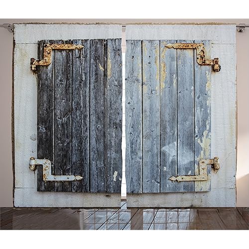 Ambesonne Shutters Curtains, Wooden Window Shabby Paint Rusty Antique Traditional Village Picture Print, Living Room Bedroom Window Drapes 2 Panel Set, 108" X 84", Grey Blue