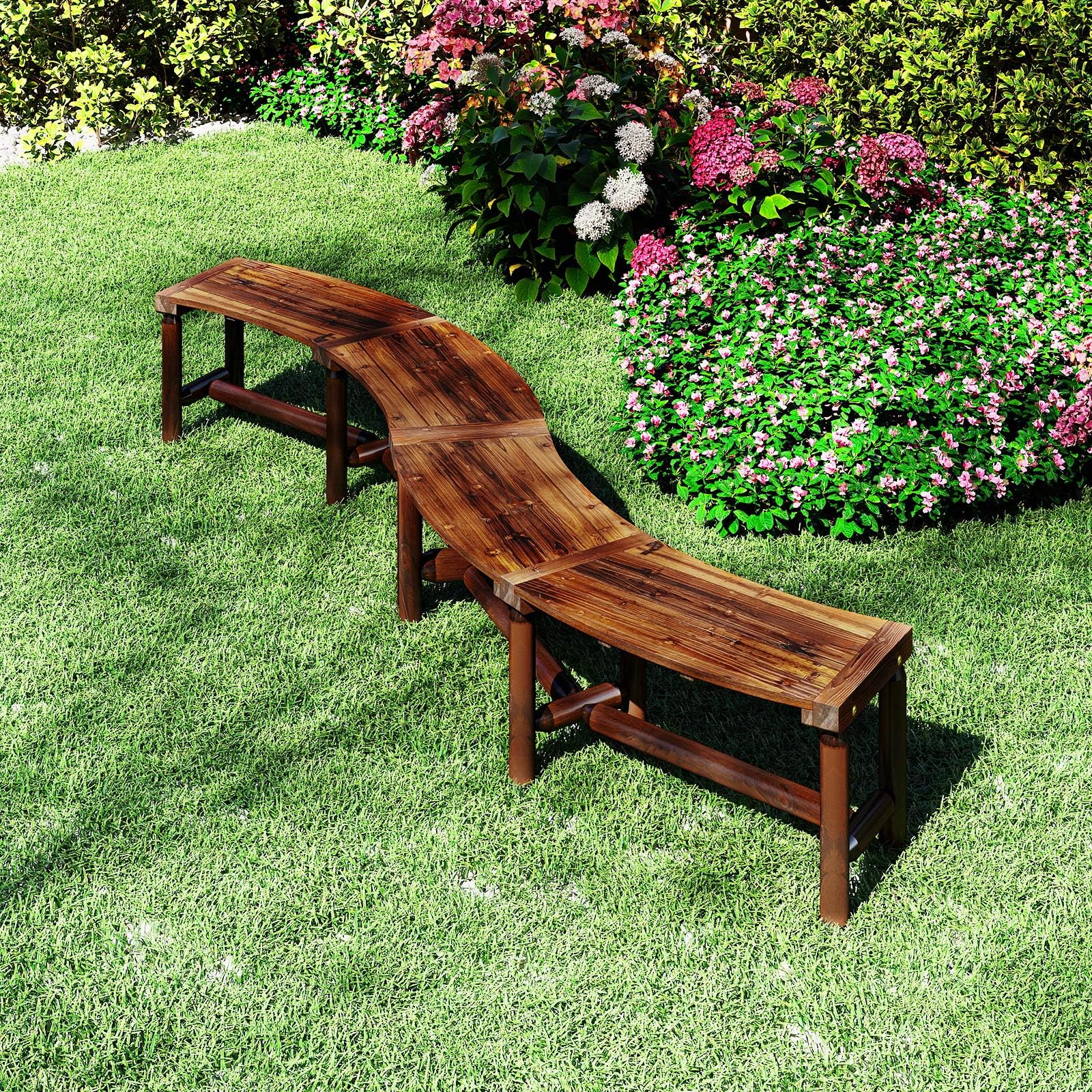 COSTWAY Panchina Curva da Patio, Panchina di Legno Massello per 2-3 Persone, Panca da Fuoco Senza Schienale per Esterni, Giardino e Bordo Piscina, Portata 360 kg (Marrone)