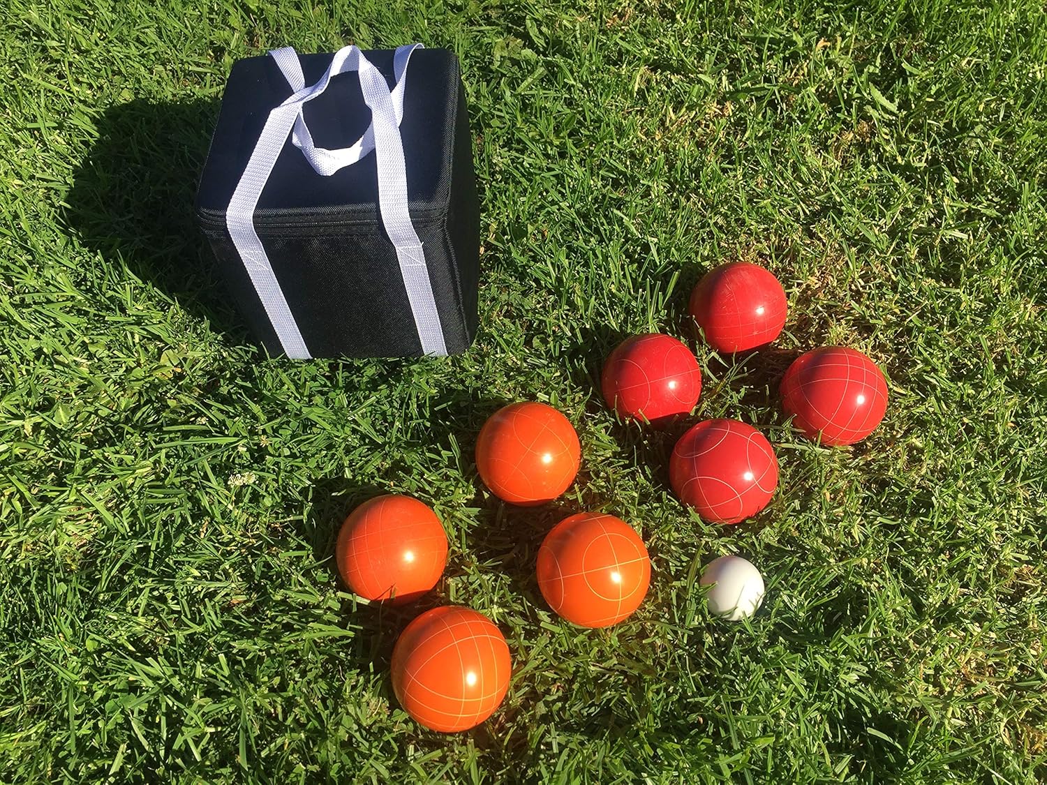 BuyBocceBalls Listing - Unique Bocce Set - 107mm with Orange and Red Balls, Black Bag