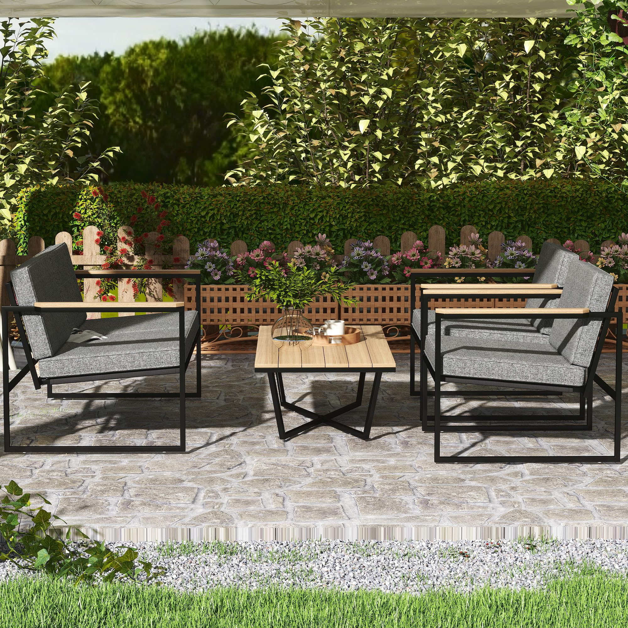 Outsunny Gartenmöbel Set Wetterfest für 4 Personen, 2er Sofa, Balkon Grau | 2 Stühle, Sitzkissen, Beistelltisch, Balkonmöbel-Set, Outdoor Sitzgruppe, Terrassenmöbel, Gartengarnitur, Garten, Terrasse