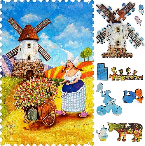 Wooden Puzzle for Adults - Uniquely Shaped Pieces - Made in The USA by FoxSmartBox - 310 Pieces - Dutch Tulips