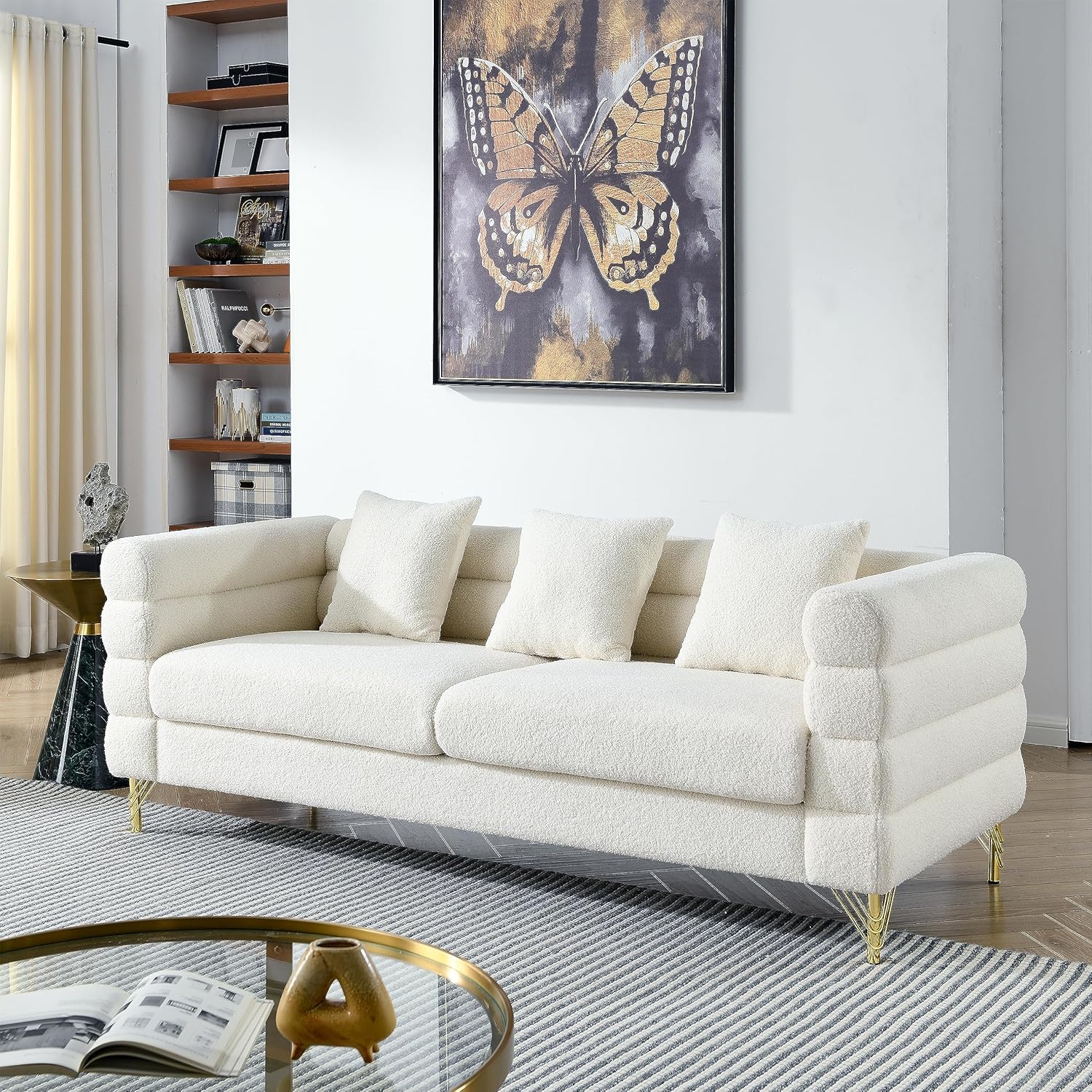 Ball & Cast 2PCS Living Room Sofa Set, Modern 3 Seater Couch Furniture, Modular Sectional Sofas Furniture, Upholstered Loveseat Couches Sets with Pillows and Gold Metal Legs for,Ivory
