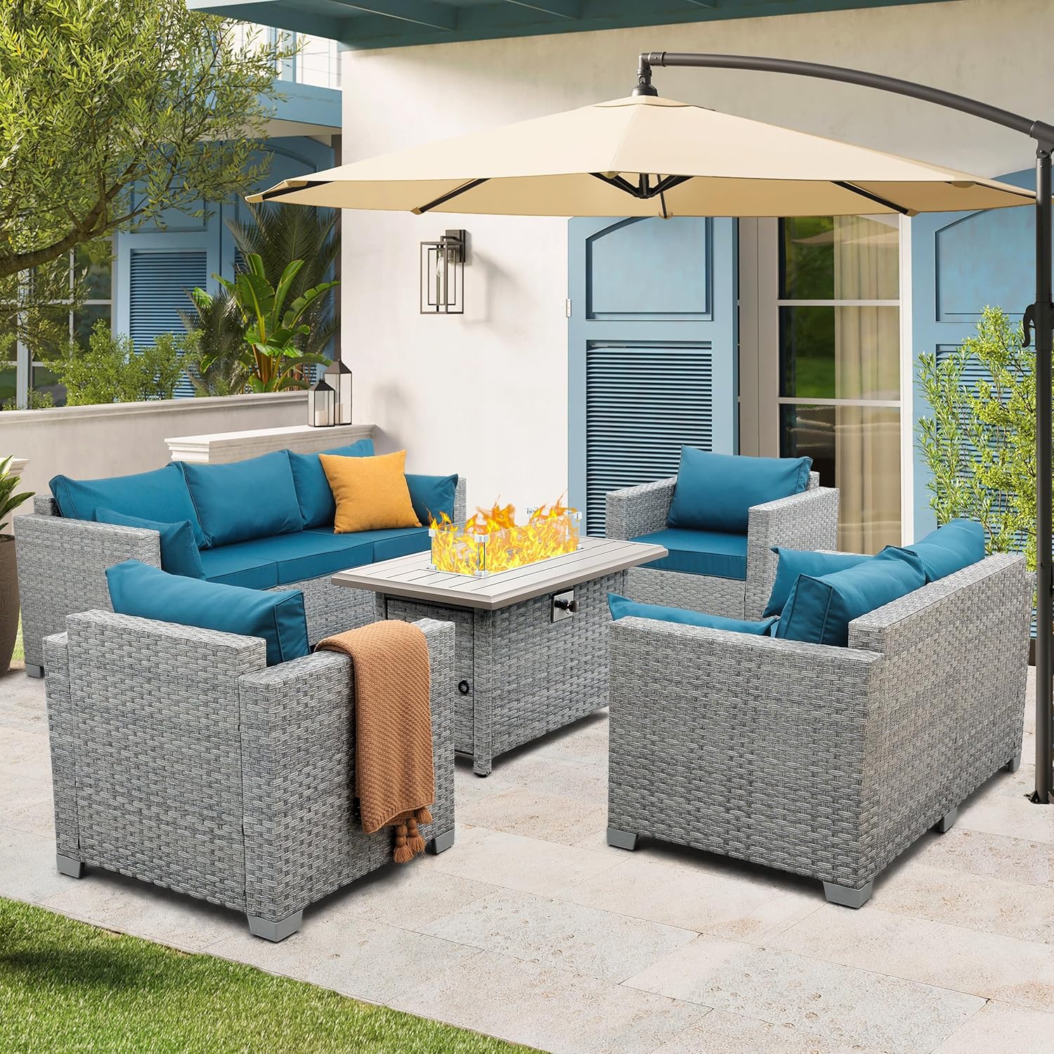 WAROOM Patio Furniture Set 5 Piece Grey Wicker Outdoor