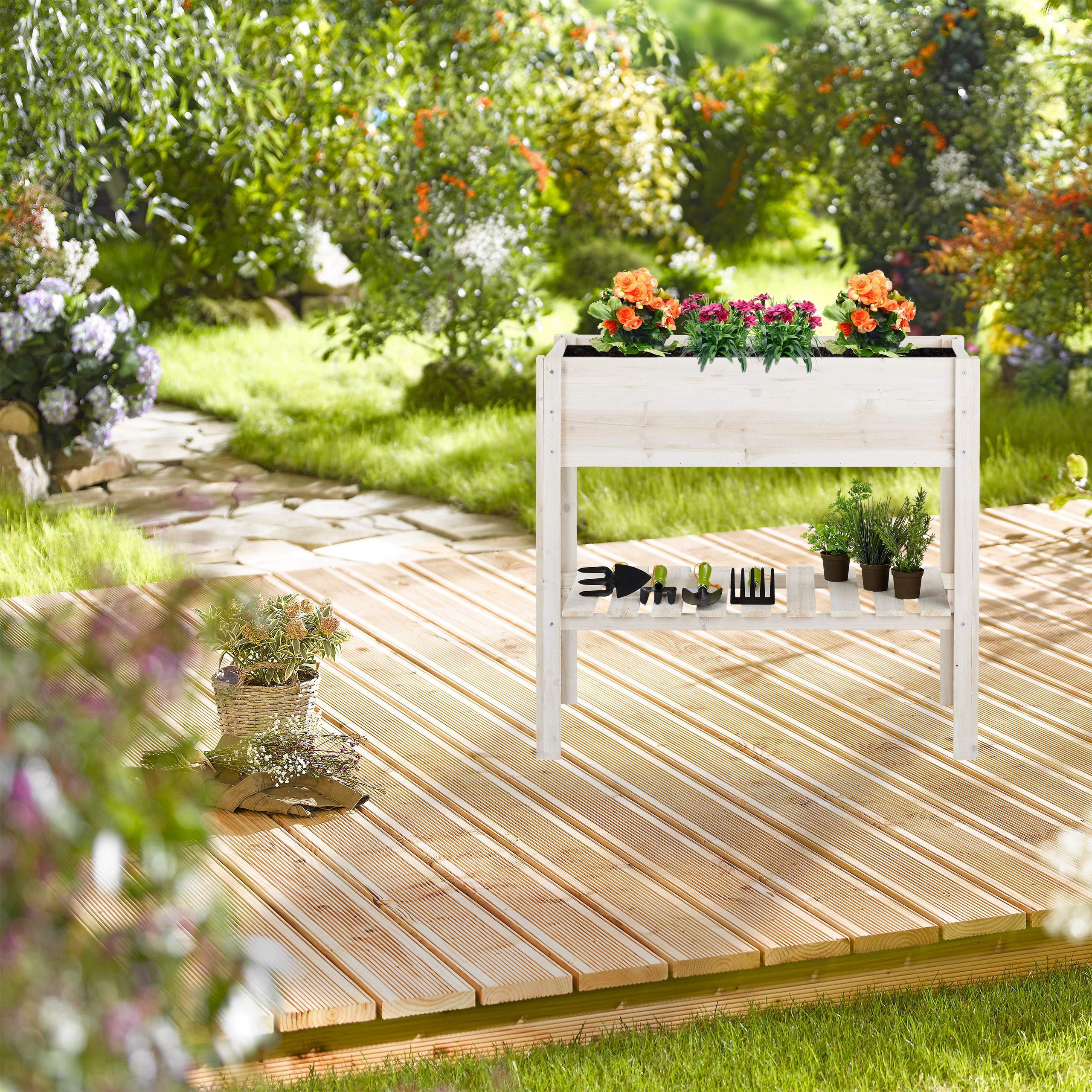 Relaxdays Huerto Urbano, Terraza, Balcón & Jardín, Tiesto Grande, Madera, 80x88x44 cm, Blanco