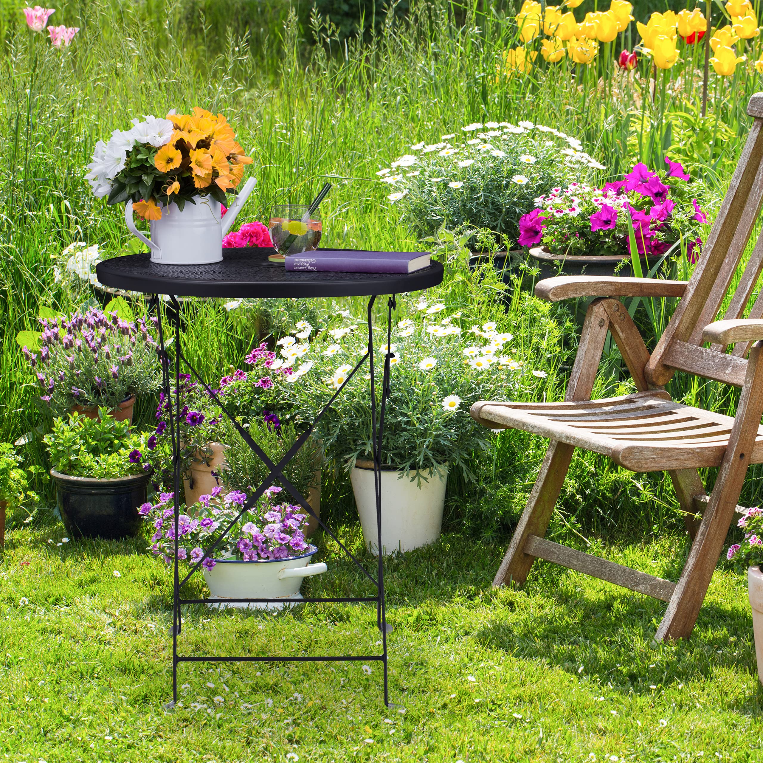 Relaxdays Tavolino da Balcone Pieghevole, Tavolo Rotondo con Foro per Ombrellone, in Acciaio, HxD: 71,5x60,5 cm, Nero