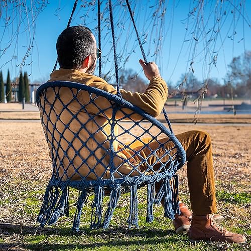 Miniatura 3 de Equip Silla hamaca macramé para exteriores, mezcla de algodón, azul pizarra, tamaño 47 pulgadas de largo x 24 pulgadas de ancho, capacidad de 250