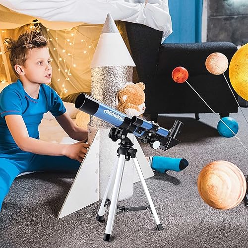 Miniatura 16 de AOMEKIE Telescopios, 2.756 in de apertura 11.811 in trípode de mesa, astronómico para principiantes, 2 oculares 150X con adaptador para teléfono