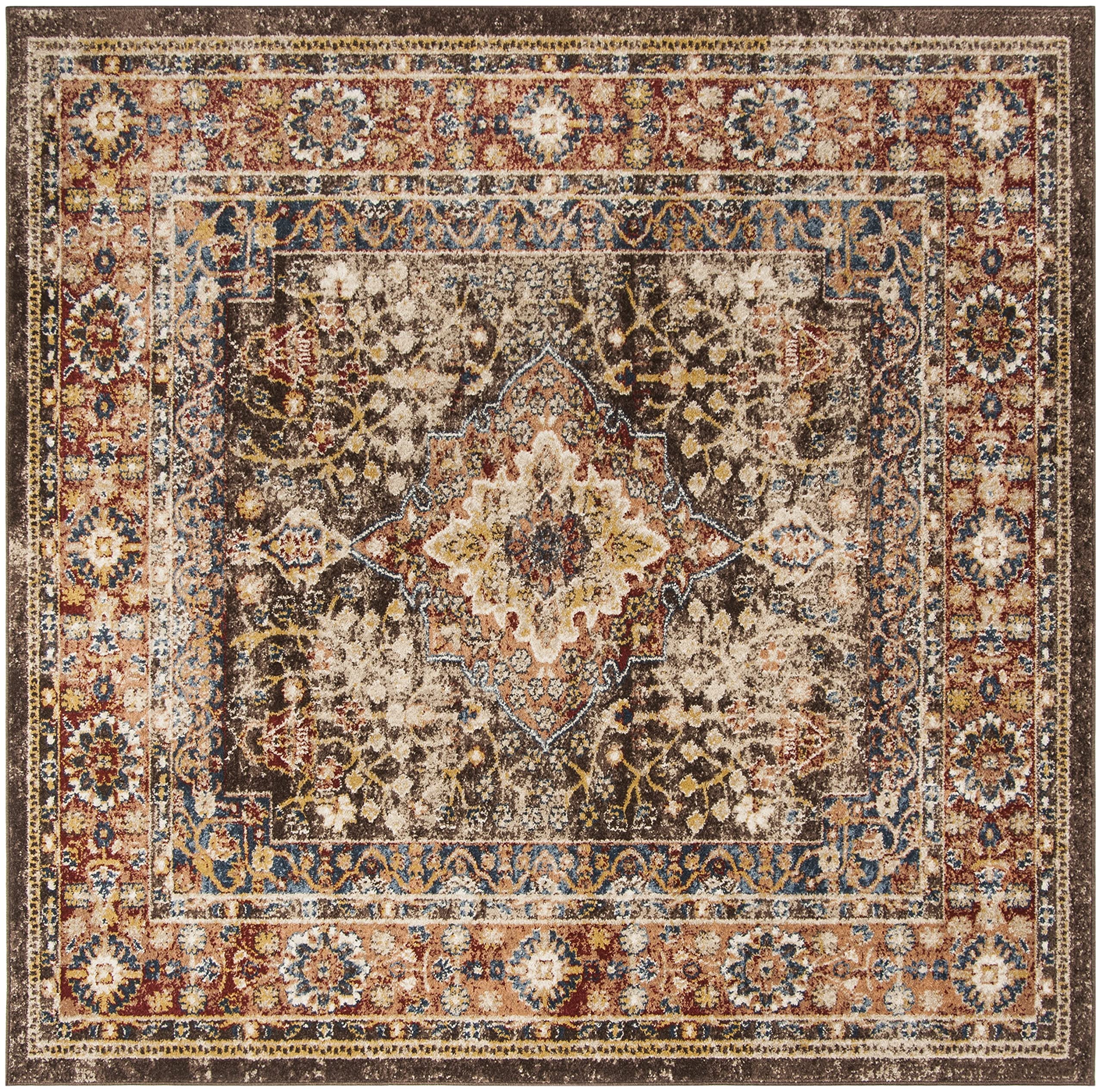 SAFAVIEH Bijar Collection Area Rug - 4' Square, Brown & Rust, Traditional Oriental Distressed Design, Non-Shedding & Easy Care, Ideal for High Traffic Areas in Living Room, Bedroom (BIJ652D)