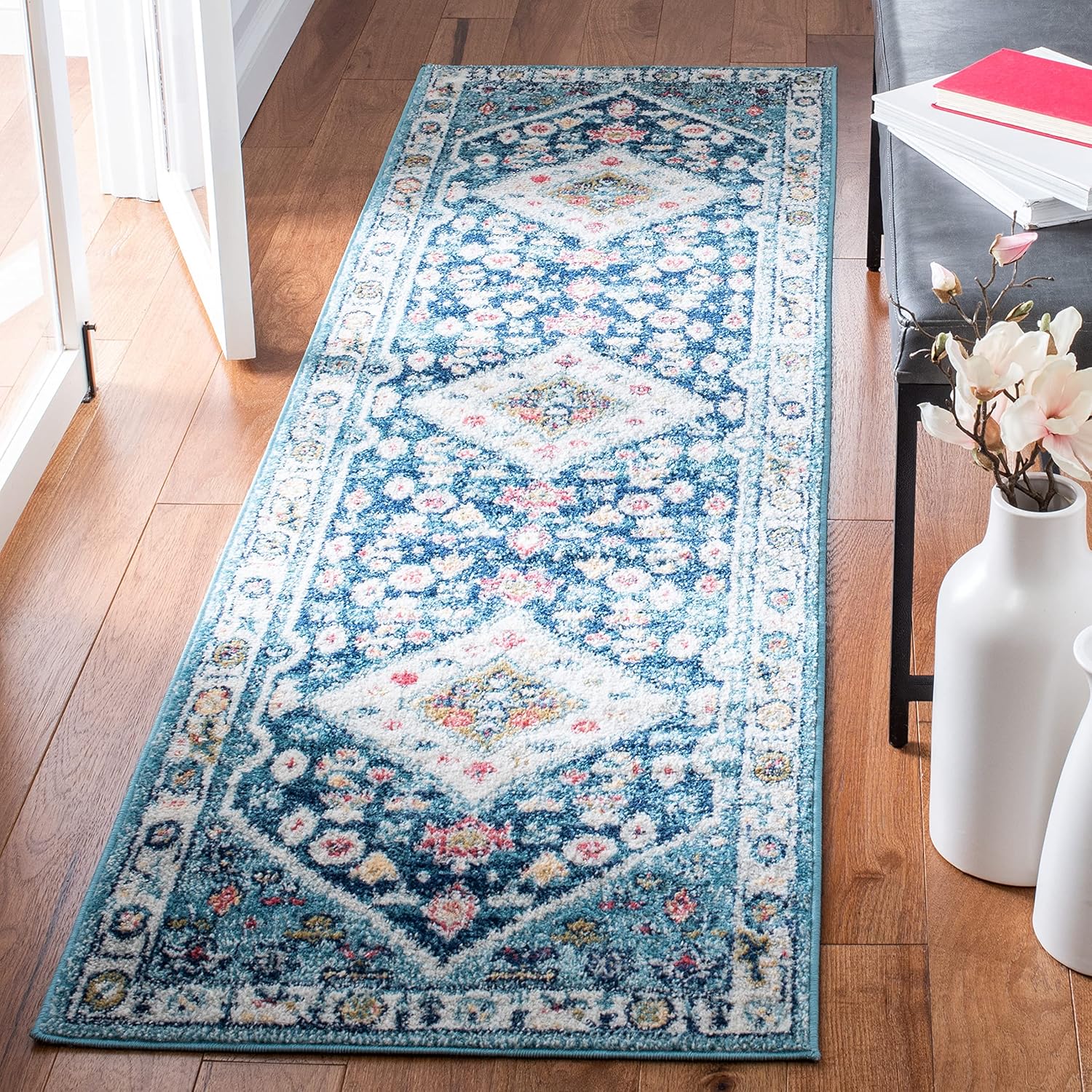 SAFAVIEH Madison Collection Runner Rug - 2'3" x 8', Light Blue & Ivory, Boho Chic Medallion Distressed Design, Non-Shedding & Easy Care, Ideal for High Traffic Areas in Living Room, Bedroom (MAD670M)