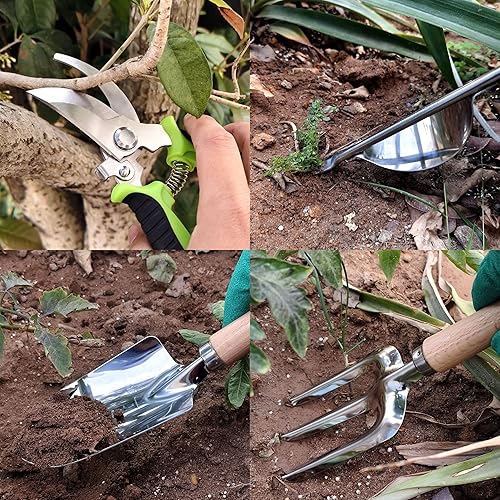Miniatura 7 de Juego de 41 herramientas de jardinería de alta calidad, kit de herramientas de jardinería de acero inoxidable, con agarre de goma antideslizante,