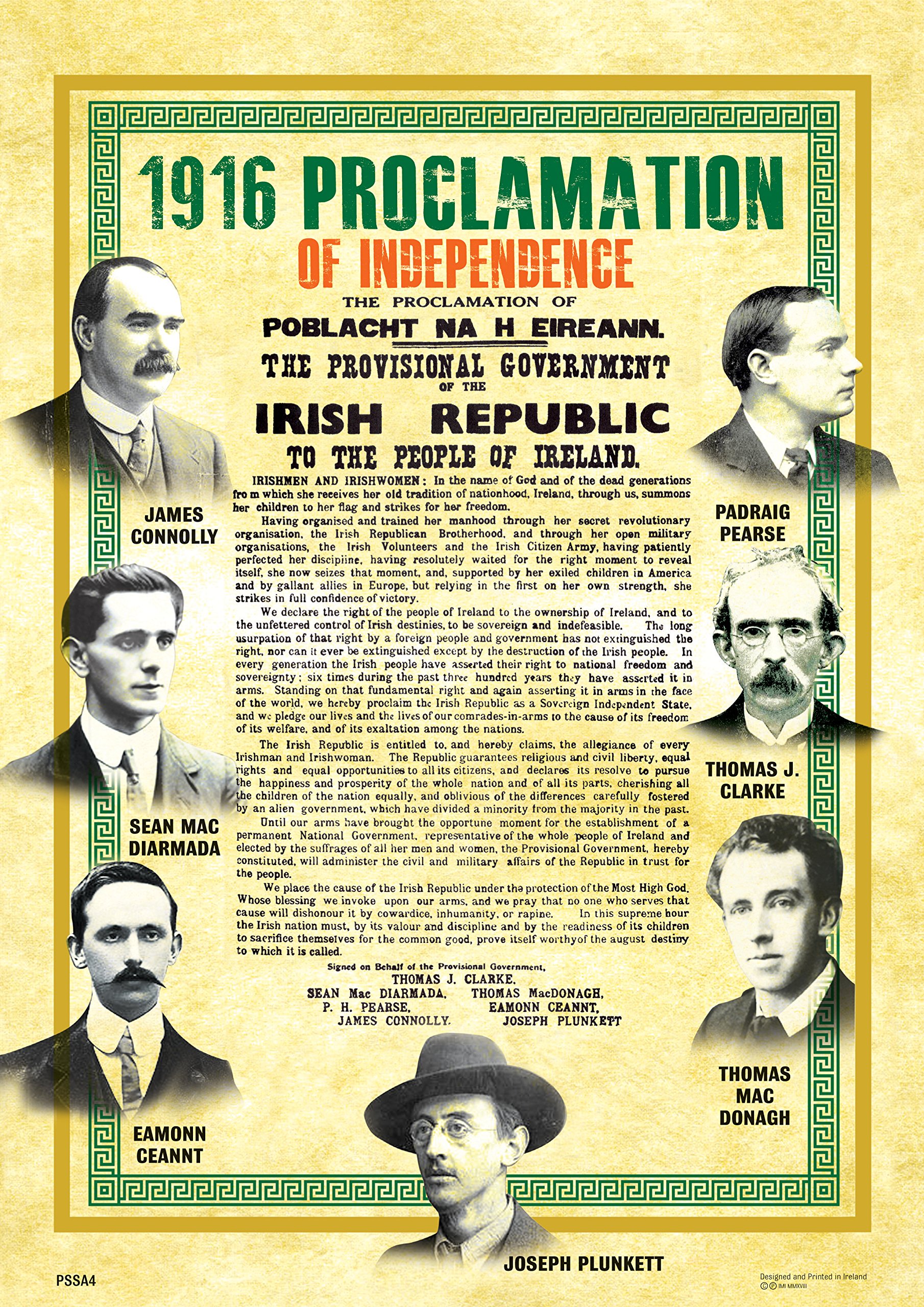 A3 POSTER IRELAND'S 1916 PROCLAMATION - Featuring Seven Signatures/Leaders Of The 1916 Easter Rising (Printed In Irish & English)