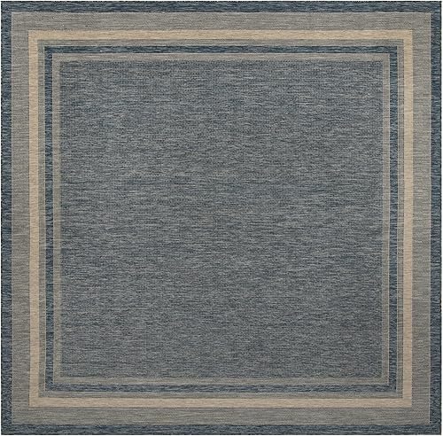 Vista 407 de Unique Loom - Colección Outdoor Border - Tapete para exteriores de borde suave - 5 pies 3 pulgadas x 8 pies, rectangular, azul/marfil azu/marfil