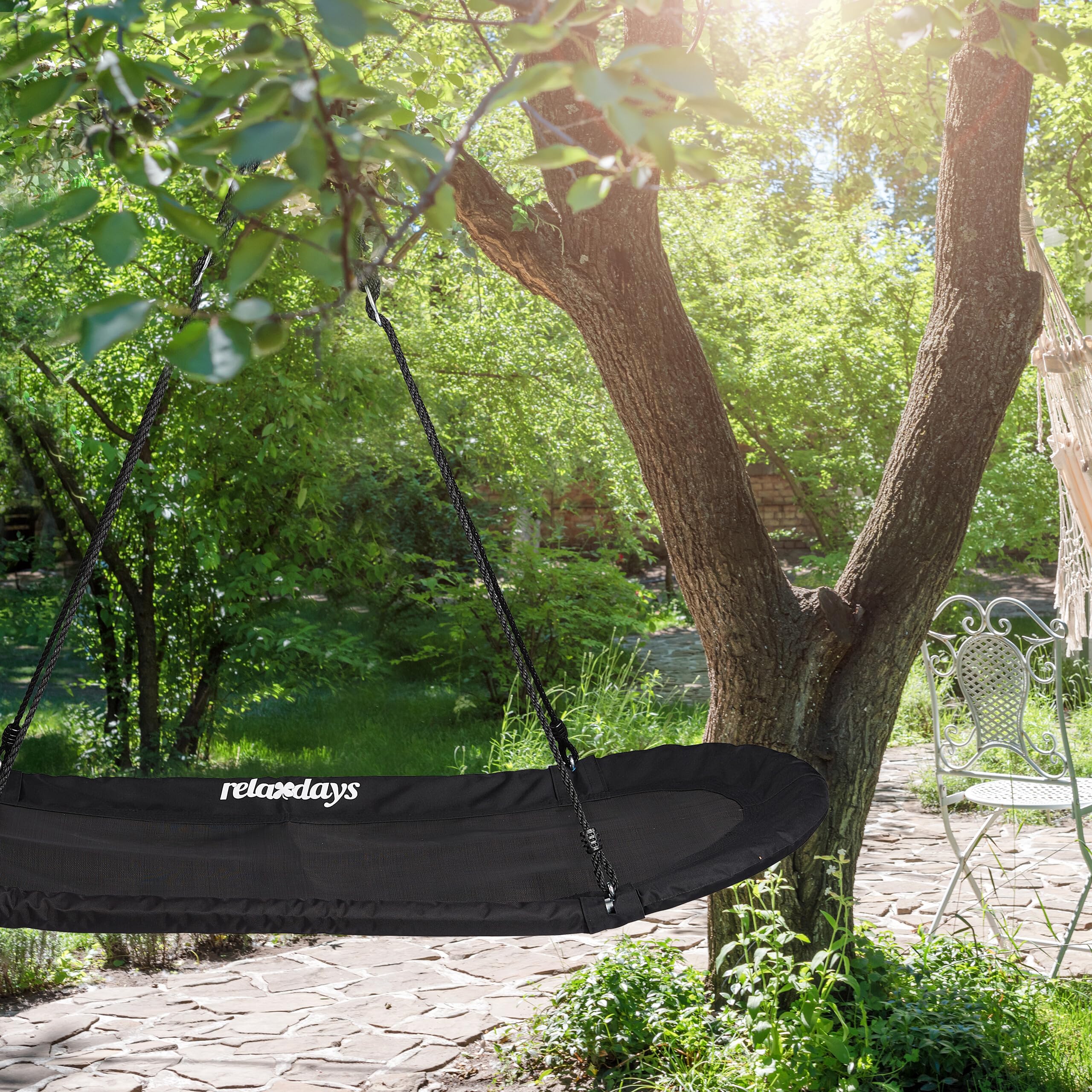 Relaxdays Altalena Grande XXL, Amaca per Bambini & Adulti, 100 kg, Sedia Sospesa Ovale a Nido, 141,5 x 43,5 cm, Nero