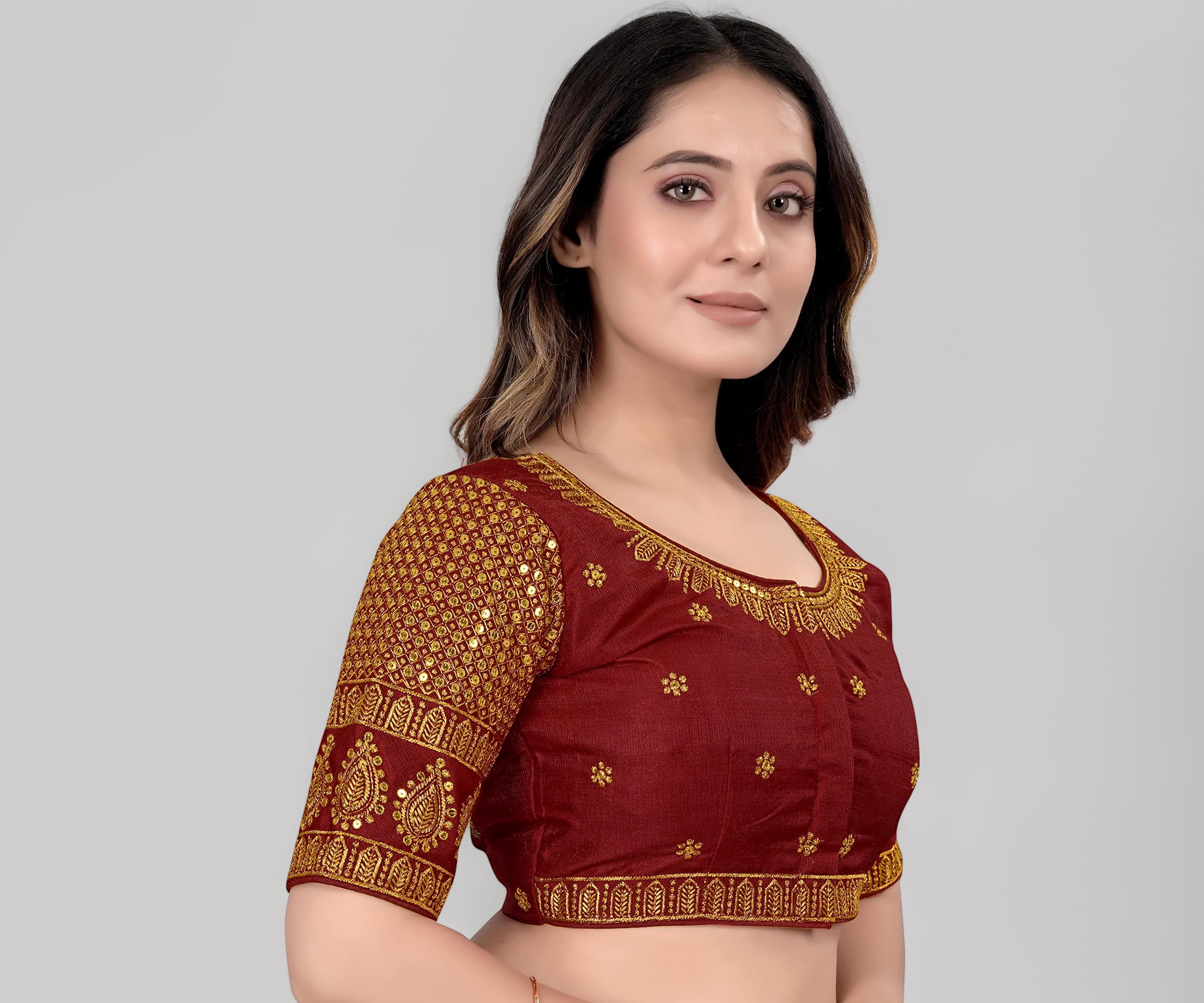 Pujia Mills Women's Art Silk Embroidery Blouse - Half Sleeve Readymade Saree Blouse With Sequence Work