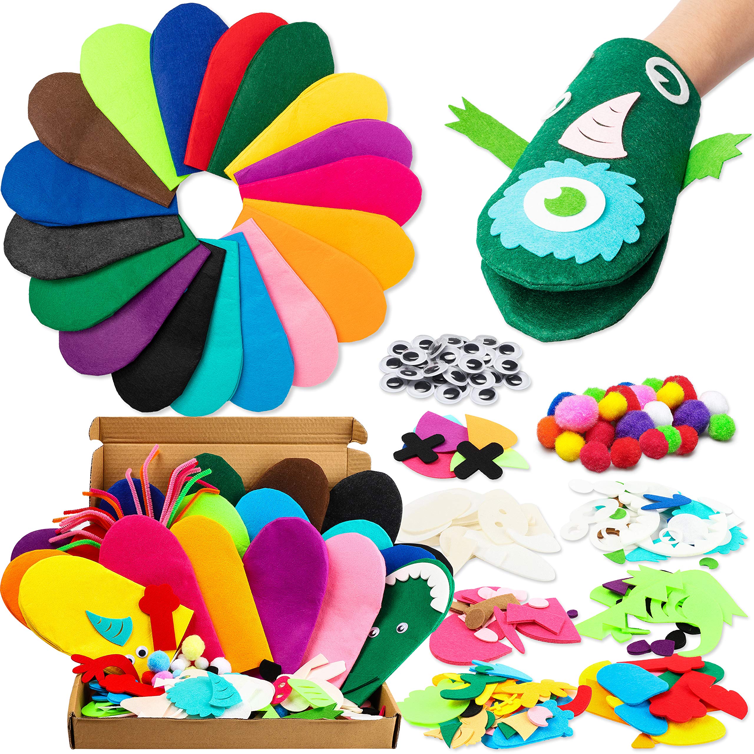 WATINC 18Pcs Hand Puppets Making Kit for Kids Art Craft Felt Sock Monster Puppet Creative DIY Make Your Own Puppets Pipe Cleaners Pompoms Storytelling Role Play Party Supplies Gift for Girls Boys